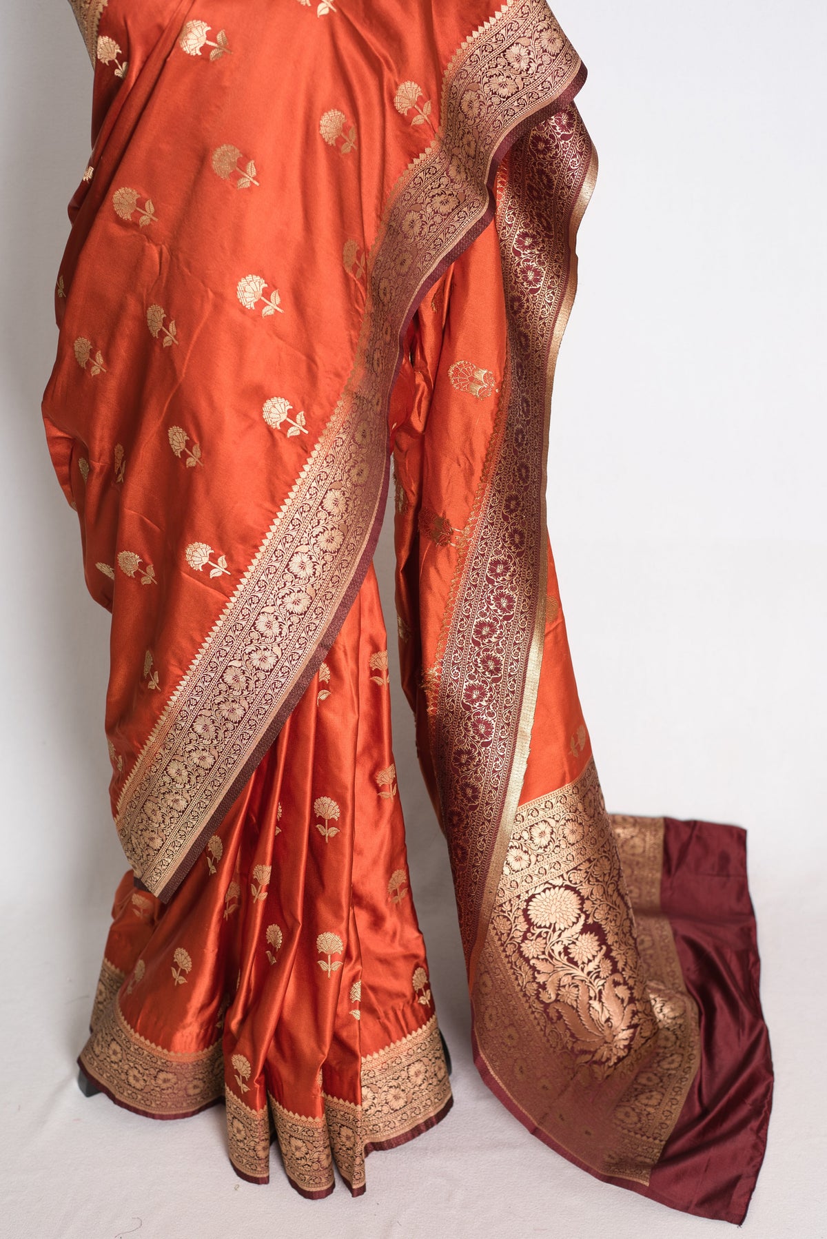 Mati: Rust Orange and Brown Semi Mashru Silk Banarasi Saree with 36 Size Blouse
