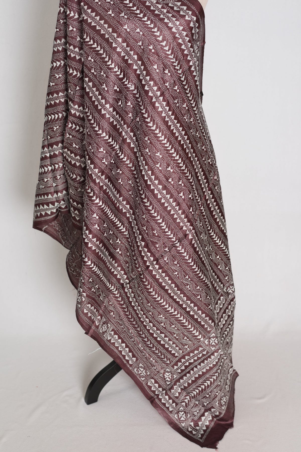 Artisanal West Bengal Dark Brown Pure Desi Tussar Silk Kantha Dupatta