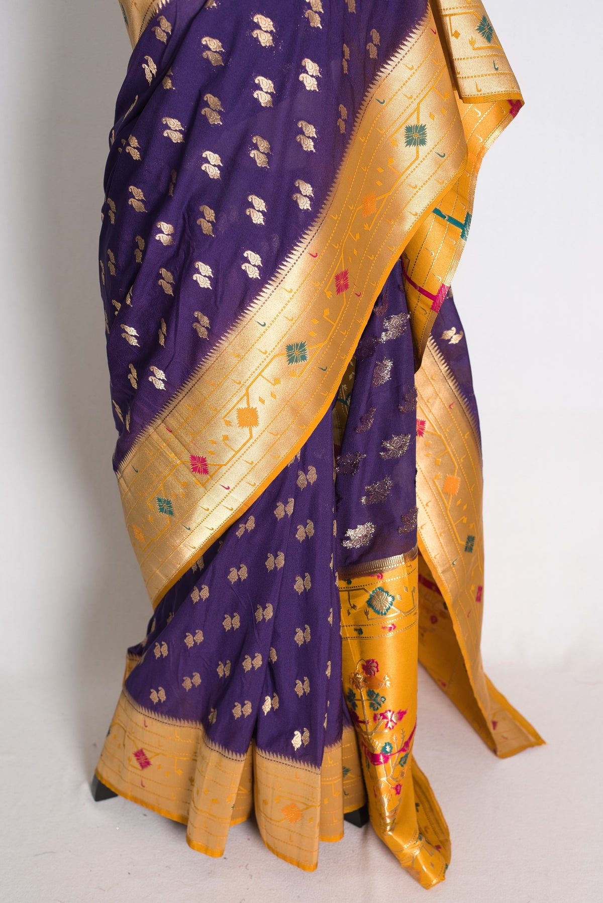 Parul: Purple and Yellow Paithani Inspired Semi Silk Saree