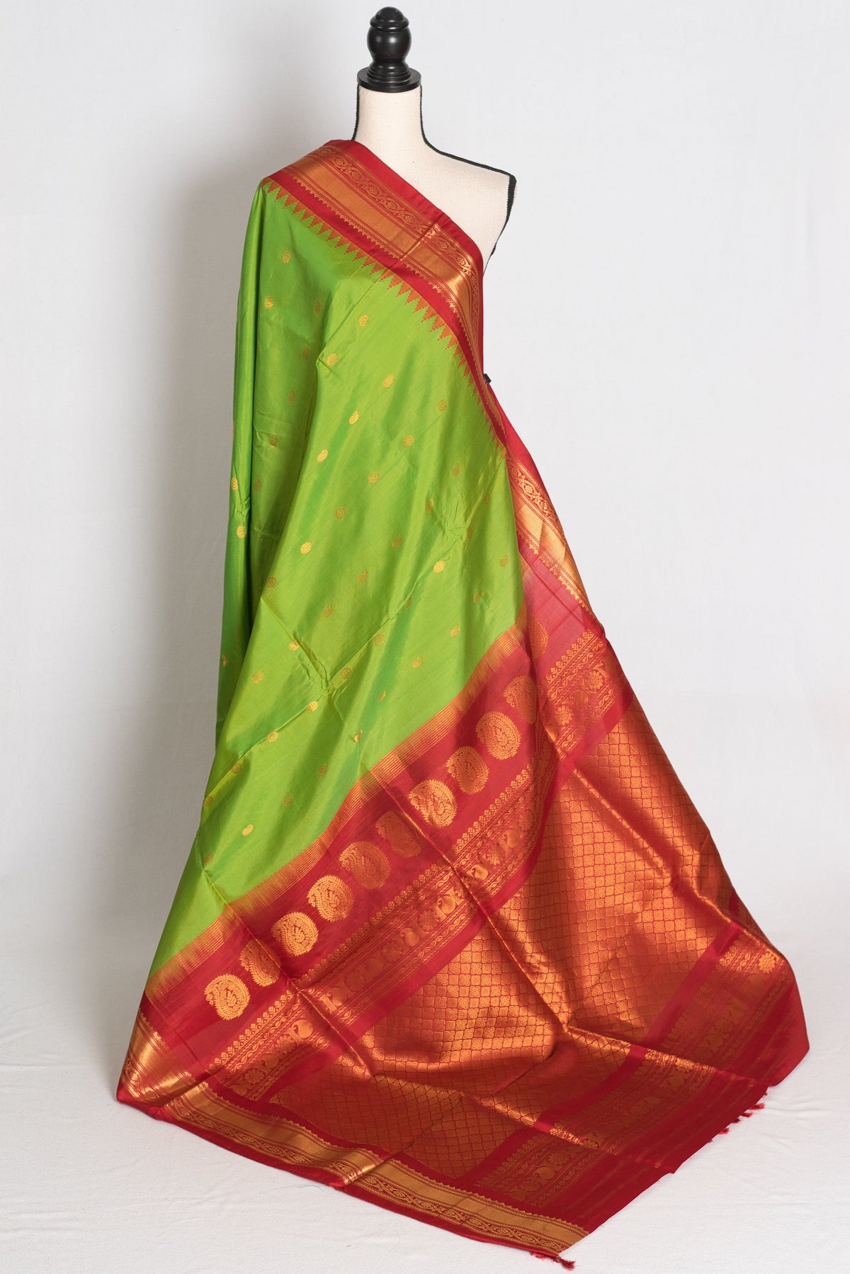 Nabanita : Parrot Green and Red Handwoven Pure Gadwal Silk Saree