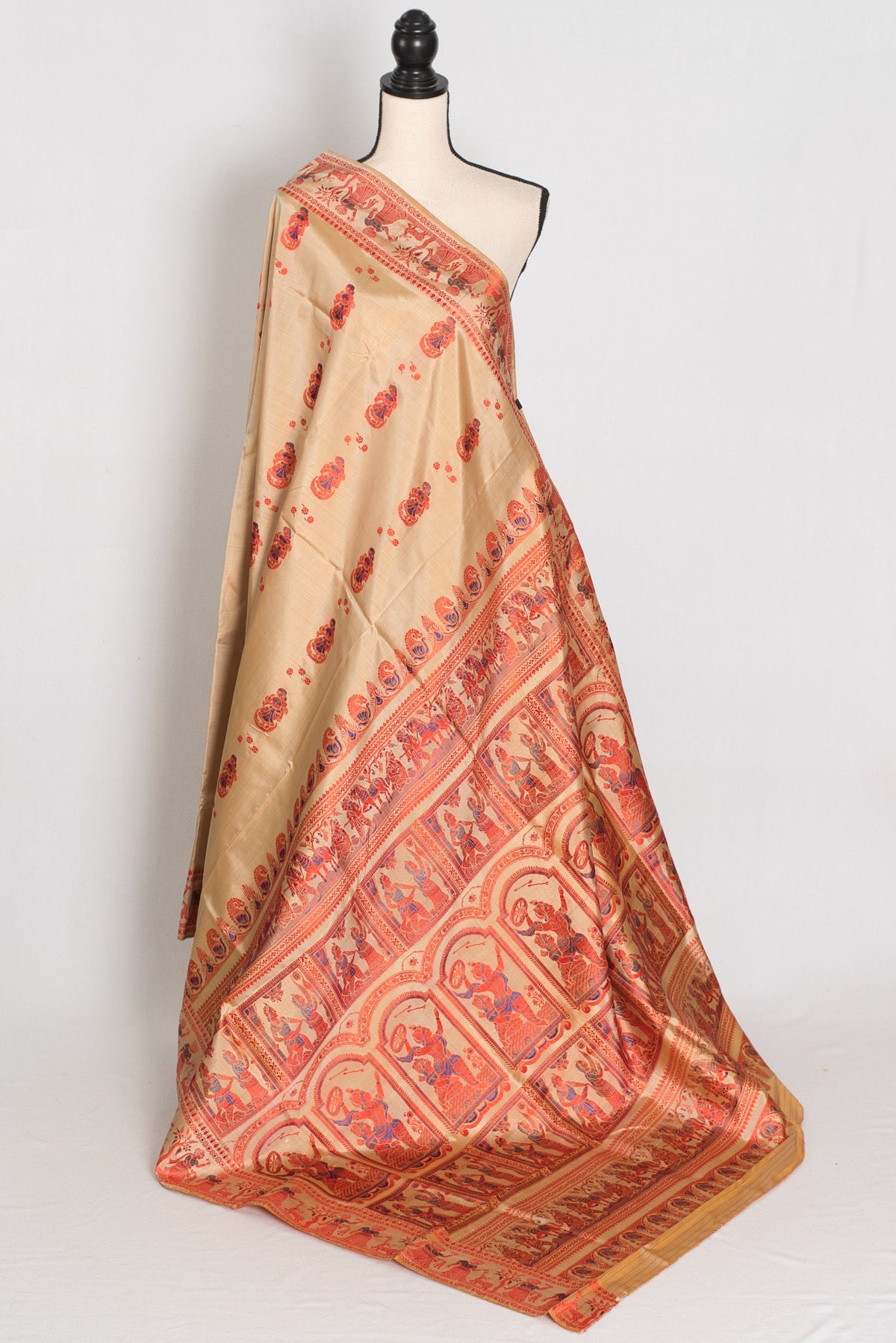 Bhromor | Beige & Orange Minakari Handwoven Baluchari Saree | 36 Size Blouse