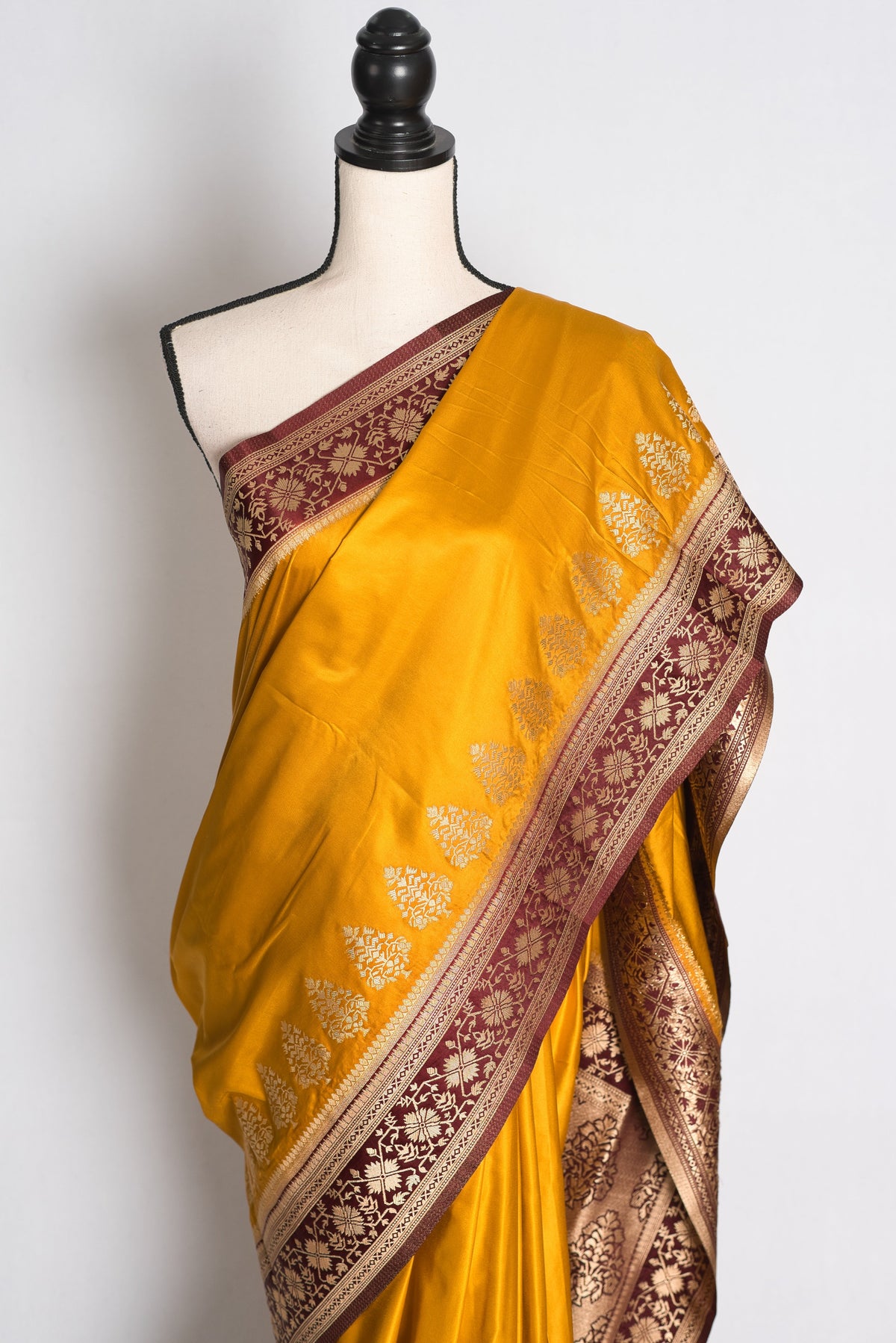 Damini: Mustard Yellow Semi Mashru Valkalam Banarasi Silk Saree