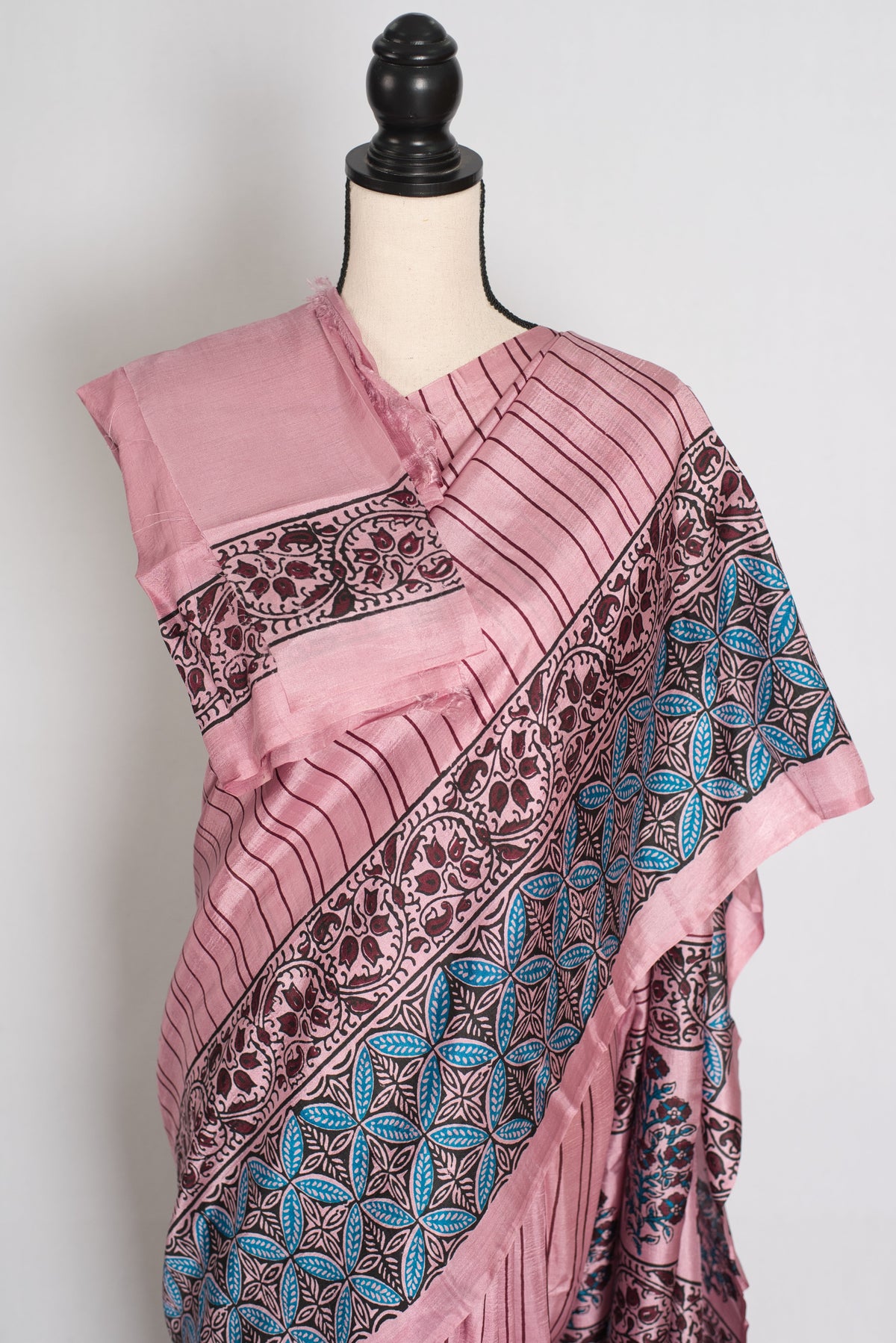 Archana : Soft Pink and Black Hand Block Printed Murshidabad Silk Saree