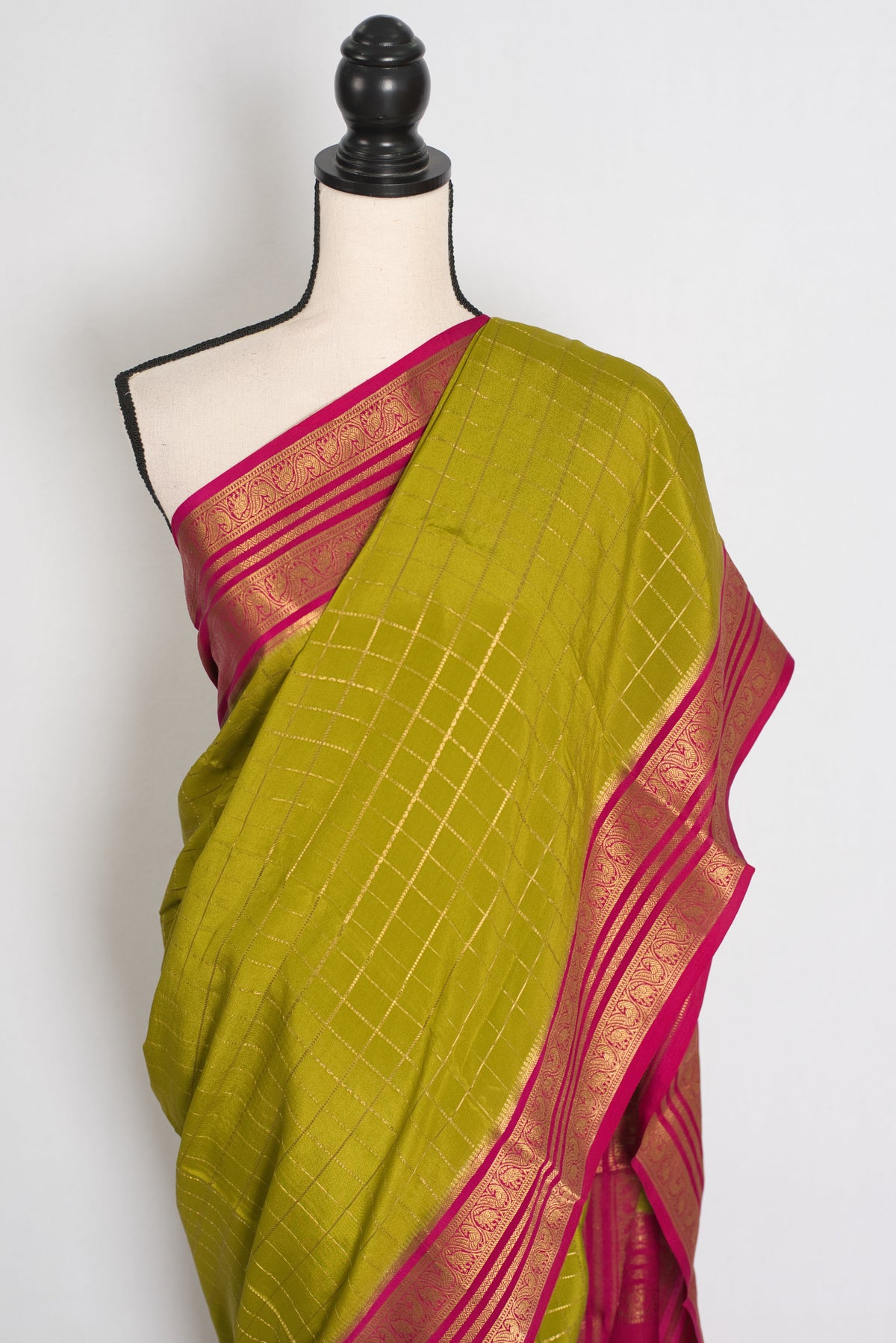 Maya – Moss Green and Dark Pink Checked Pure Mysore Silk Saree