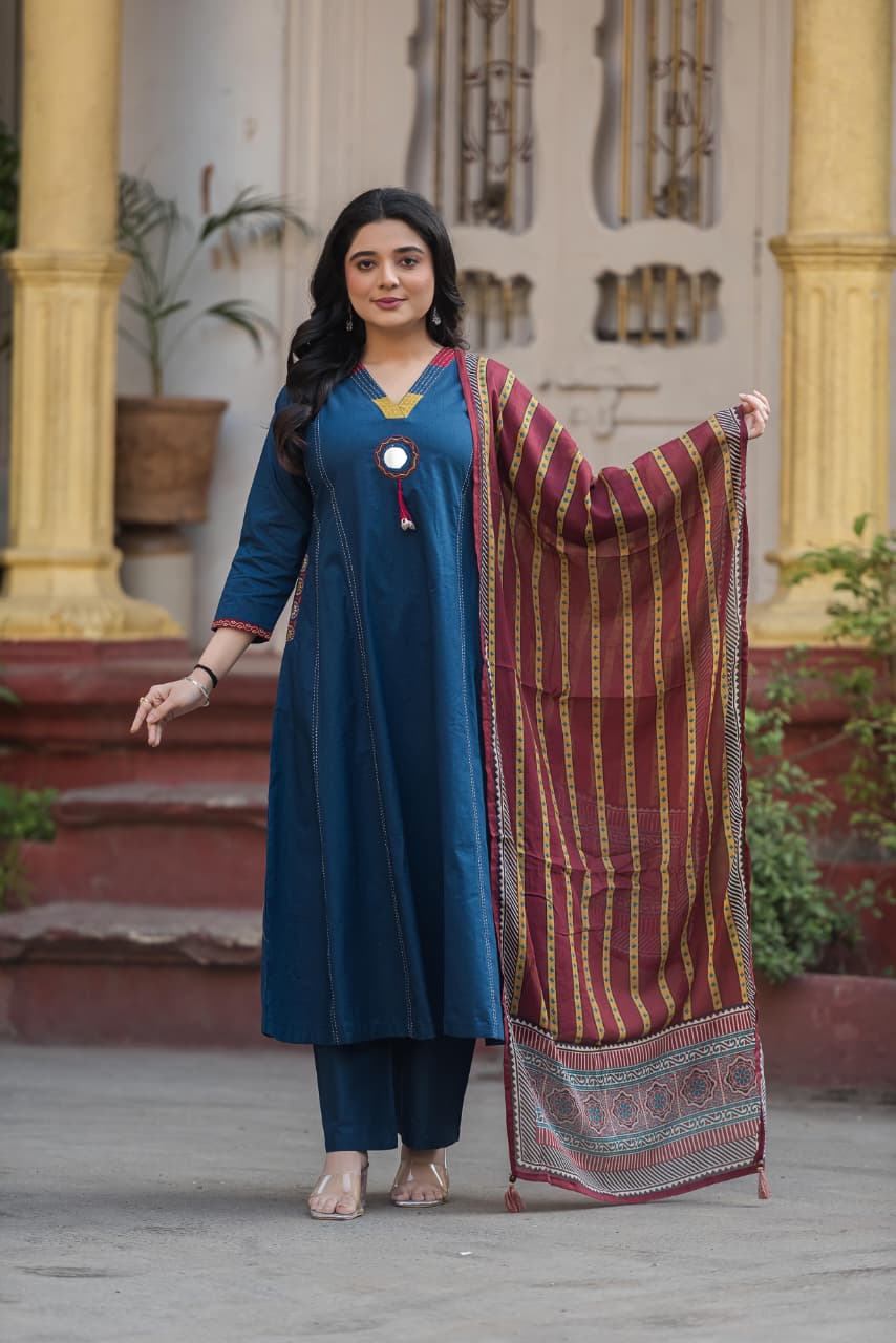 Elegant Navy Blue Kurta Set with Mirror Work & Traditional Striped Dupatta