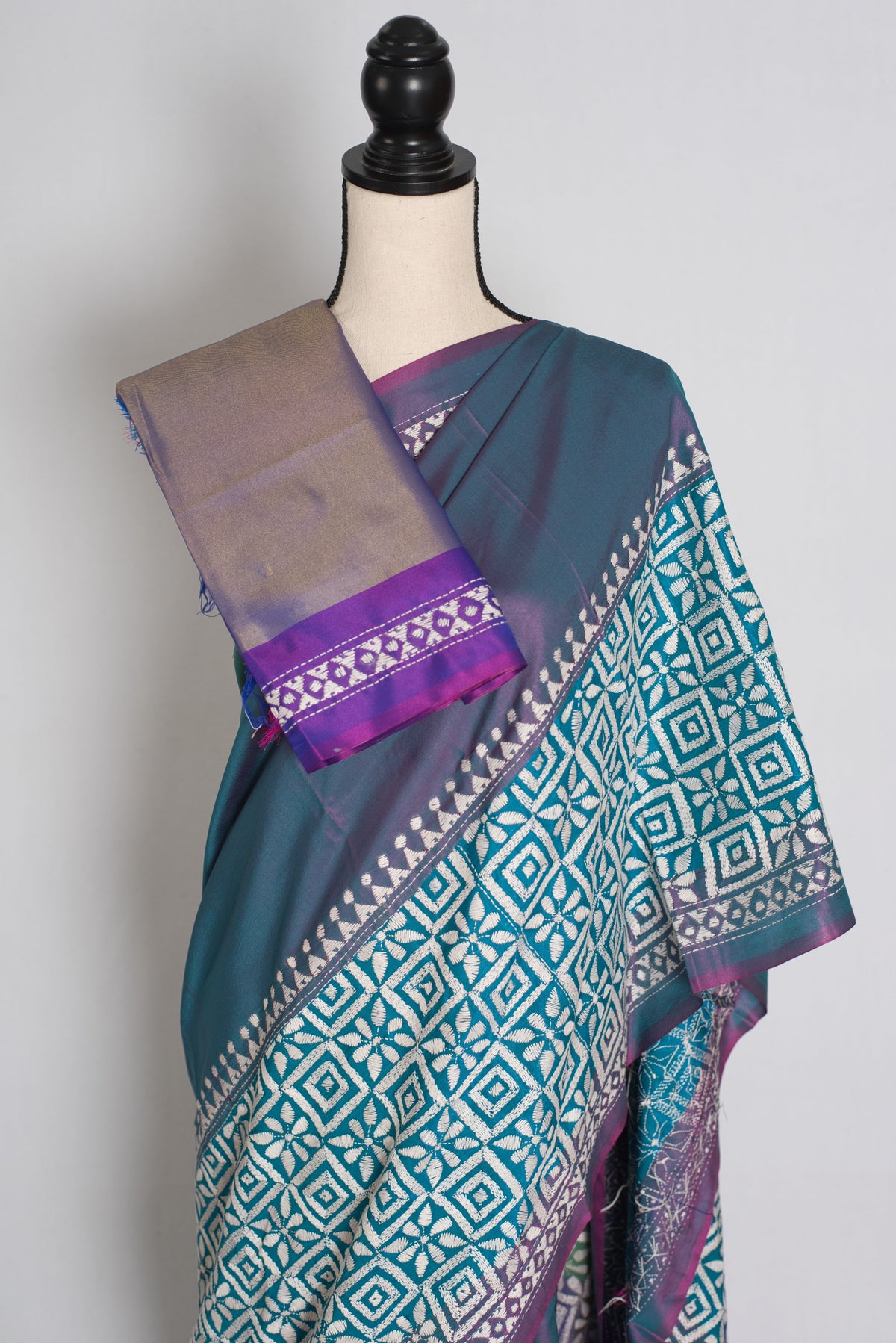 Kavitha : Tri-Color Hand Embroidered Kantha Stitch Bishnupur Blended Silk Saree