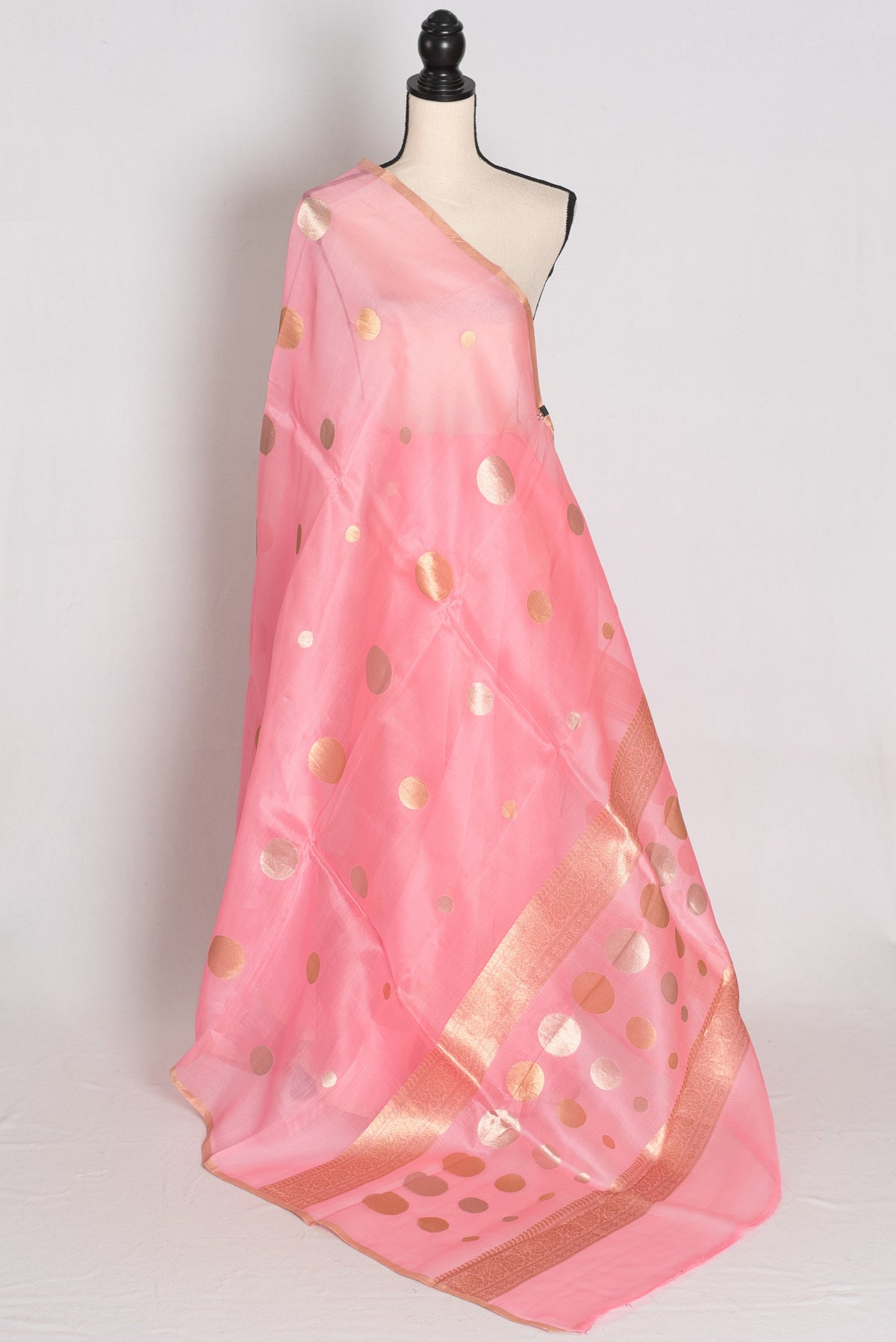 Priya : Pink and Gold Kora Silk Banarasi Saree with Polka Dots