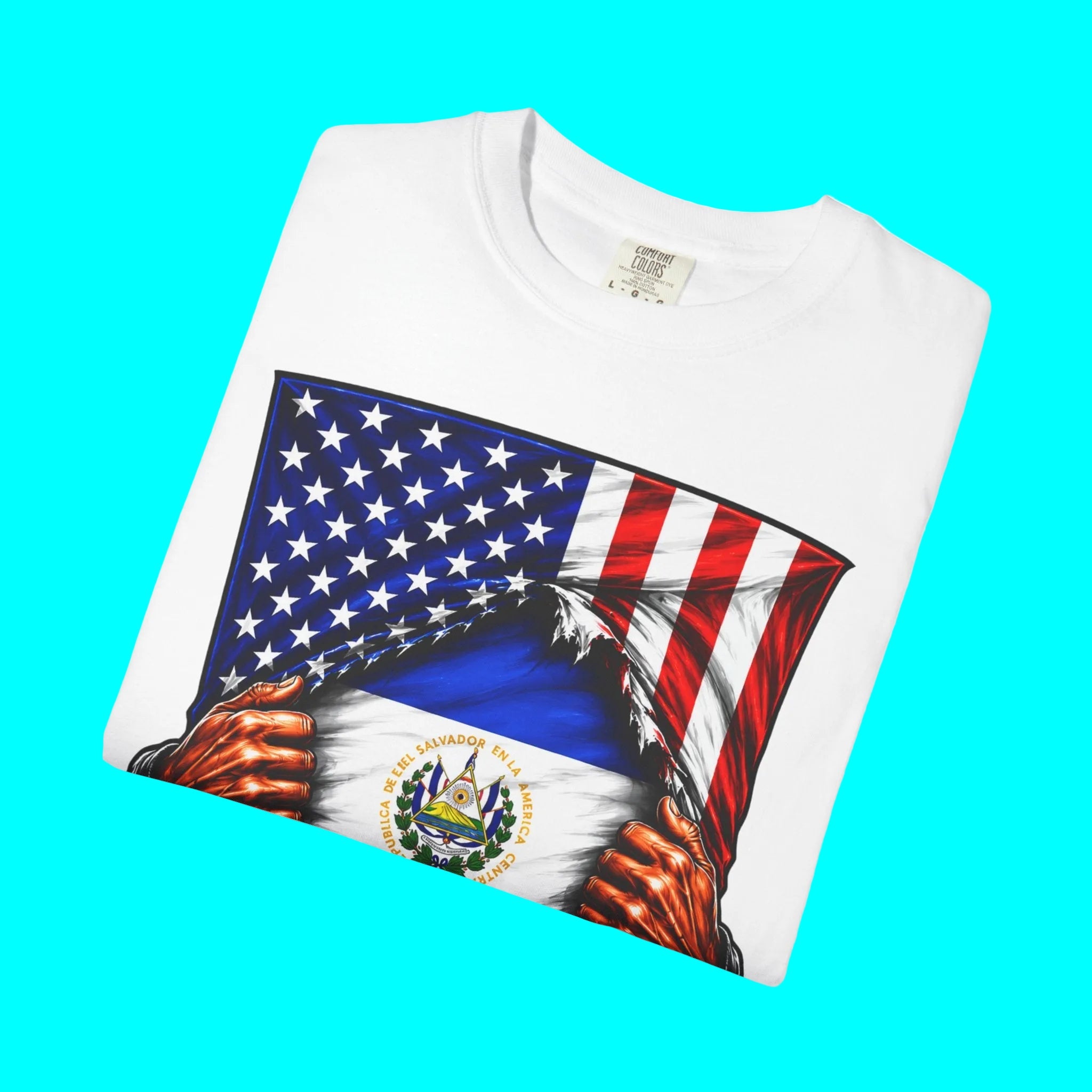 El Salvador Flag + USA Flag Pride T-shirt | Salvadorian + American Flag Rip 4th Of July | Funny Viral Latino Tees | Unisex - 4 Colors