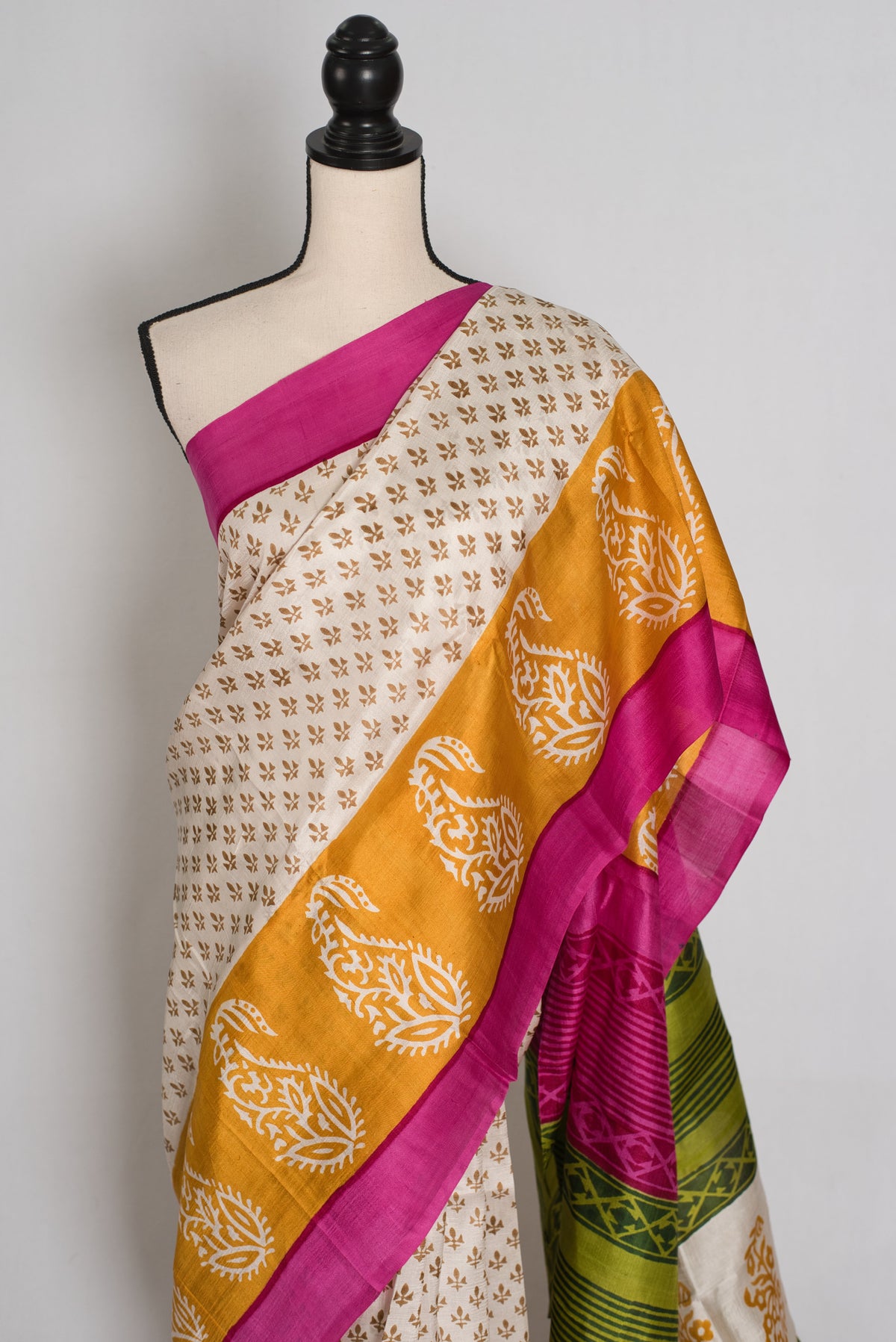 Basanti : Off-White, Pink and Yellow Hand Block Printed Murshidabad Silk Saree