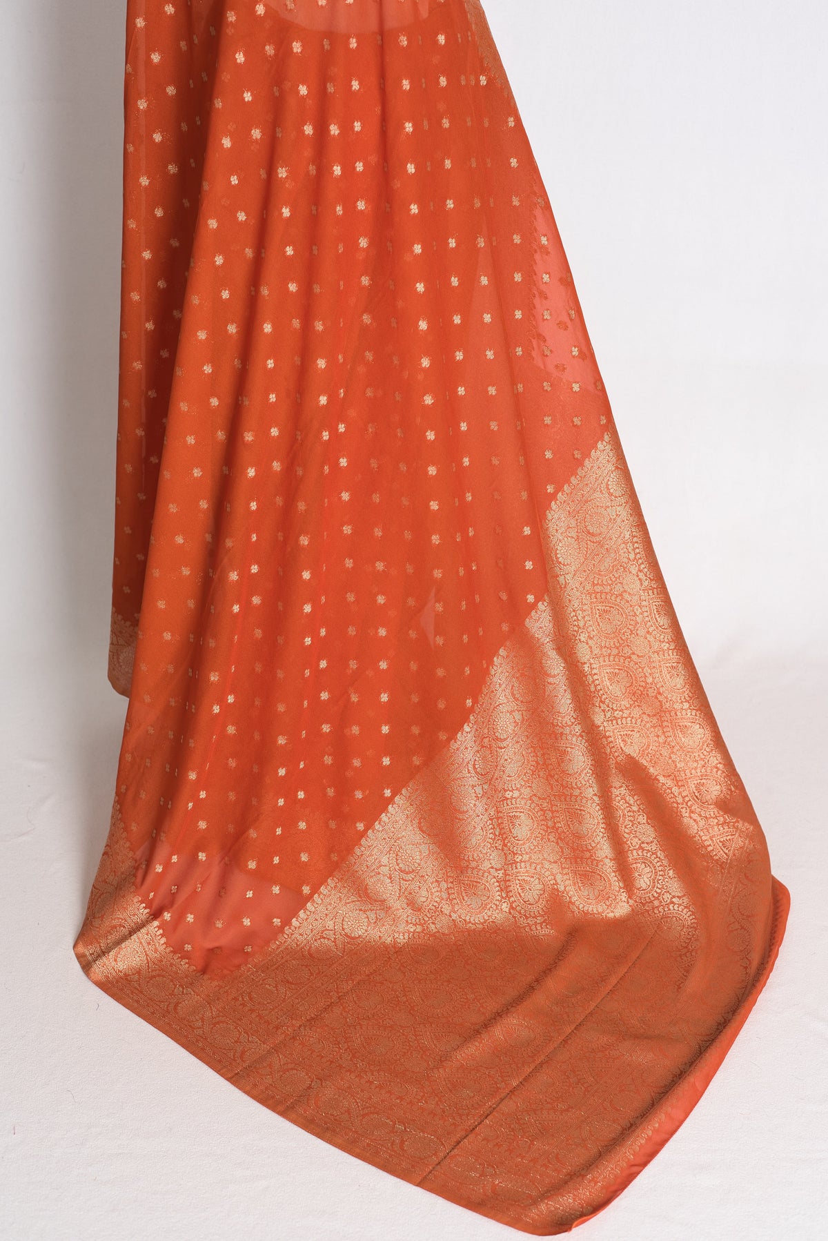 Mahi: Rust Brown Lightweight Semi Georgette Banarasi Saree with 38 Size Blouse