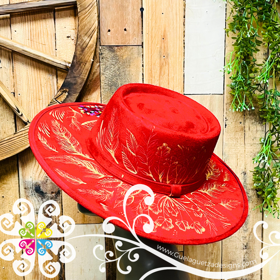 Red Oval Mitla Velvet Hat - Hand Painted Hat