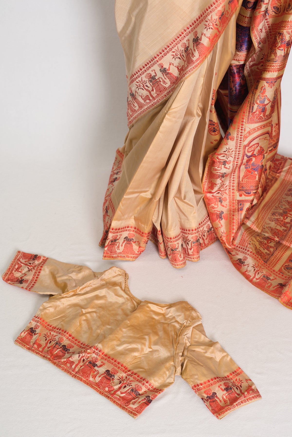 Bhromor | Beige & Orange Minakari Handwoven Baluchari Saree | 36 Size Blouse