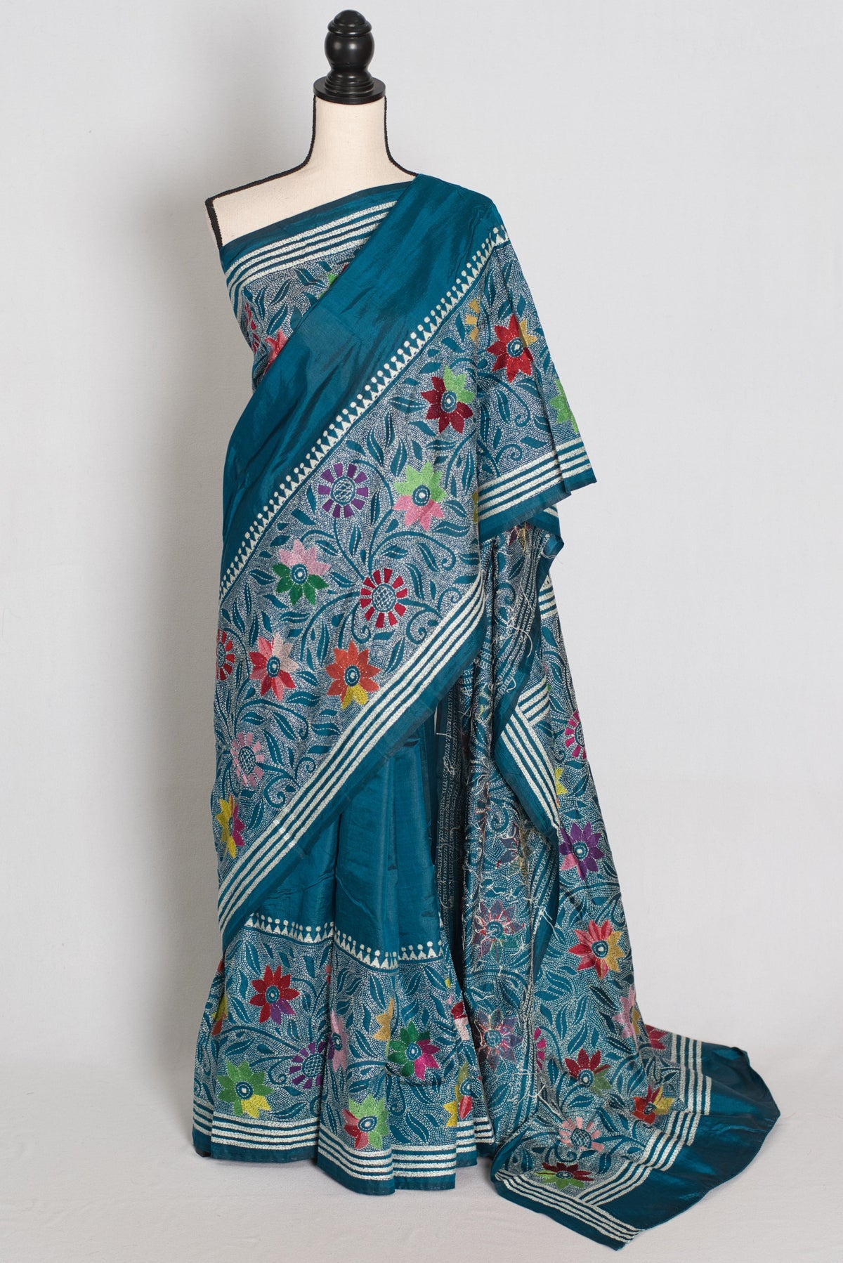 Dhriti : Teal Blue Hand Embroidered Kantha Stitch Pure Bangalore Silk Saree