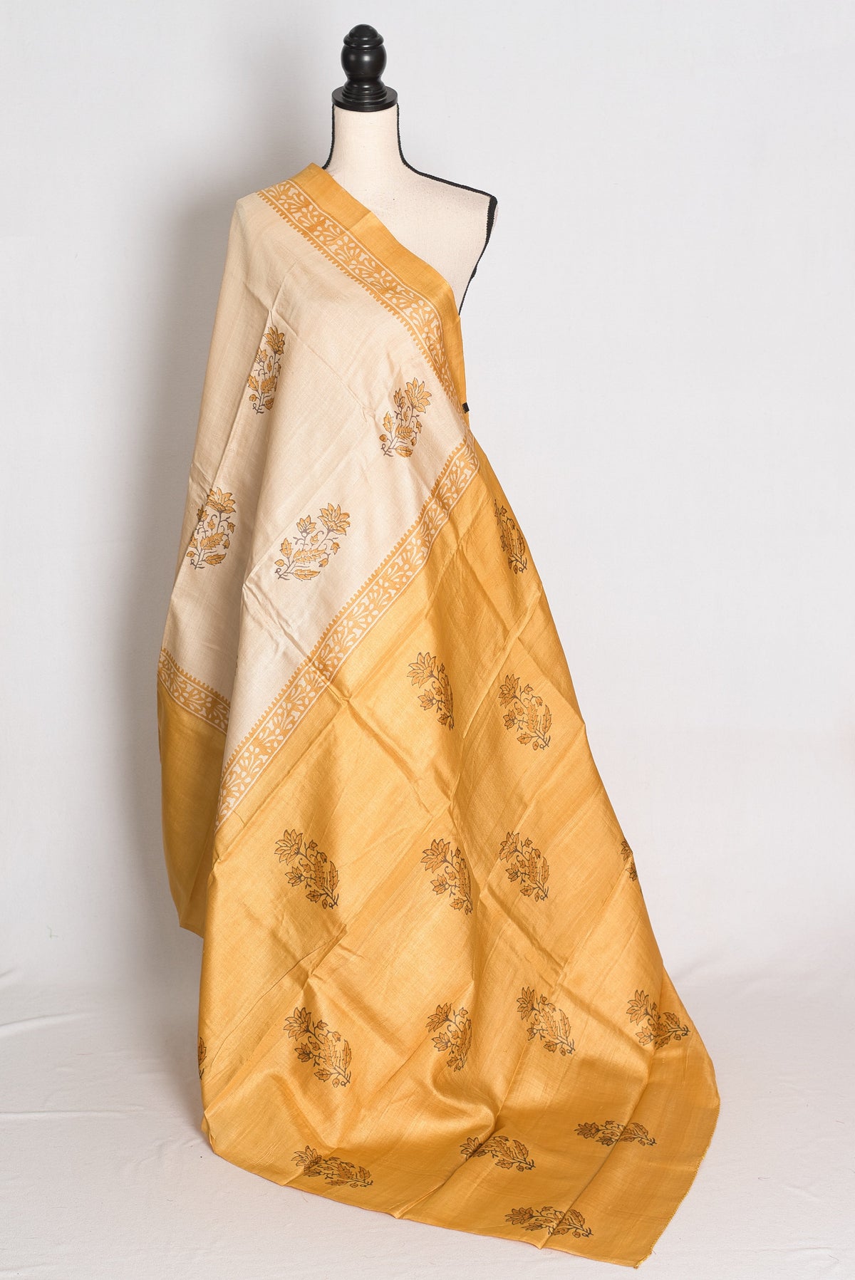 Trisha : Cream and Mustard Yellow Hand Block Printed Pure Tussar Silk Saree