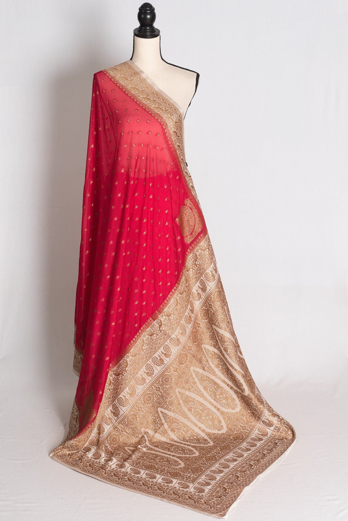 Rani: Dark Pink and Off-White Semi Georgette Banarasi Saree