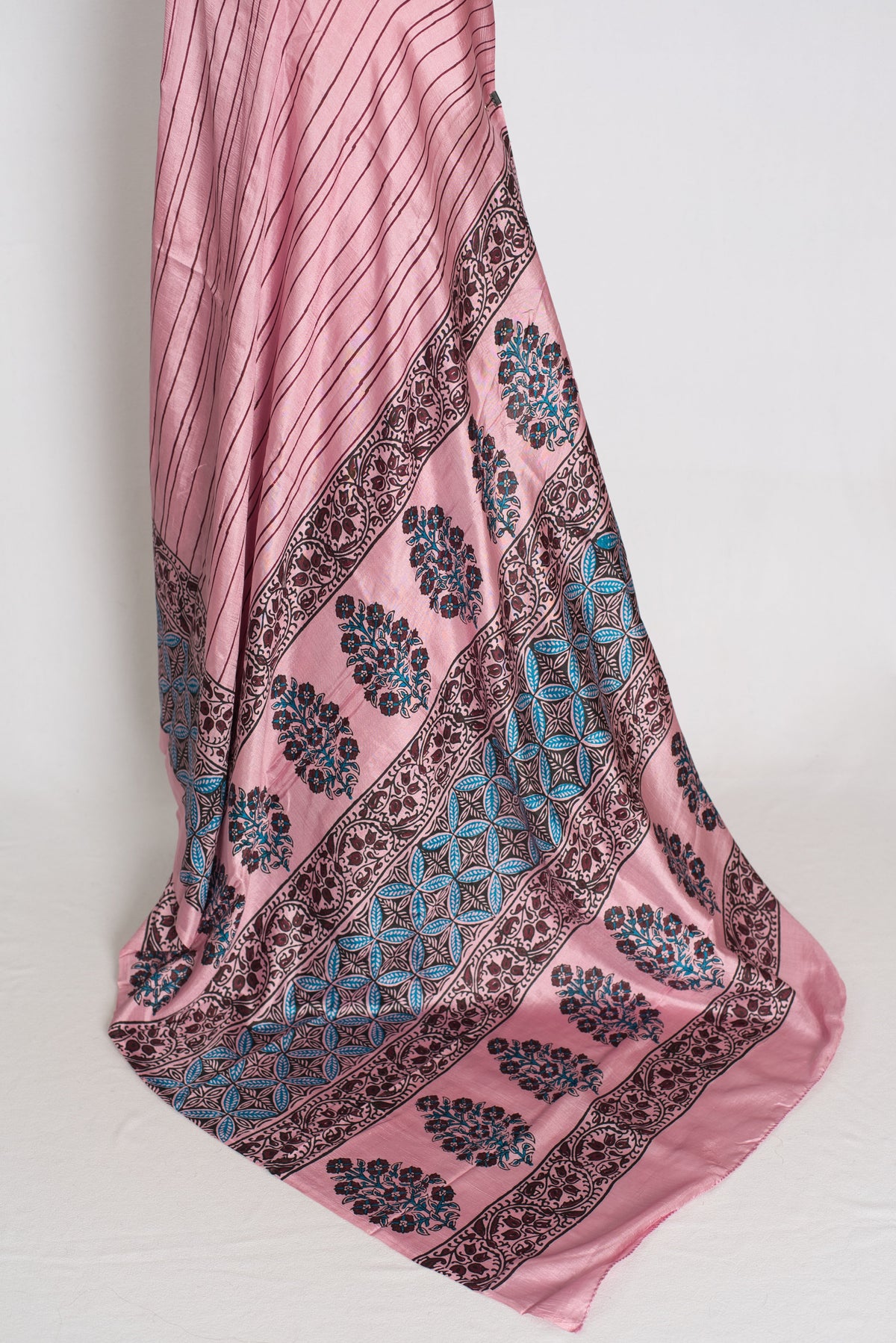 Archana : Soft Pink and Black Hand Block Printed Murshidabad Silk Saree