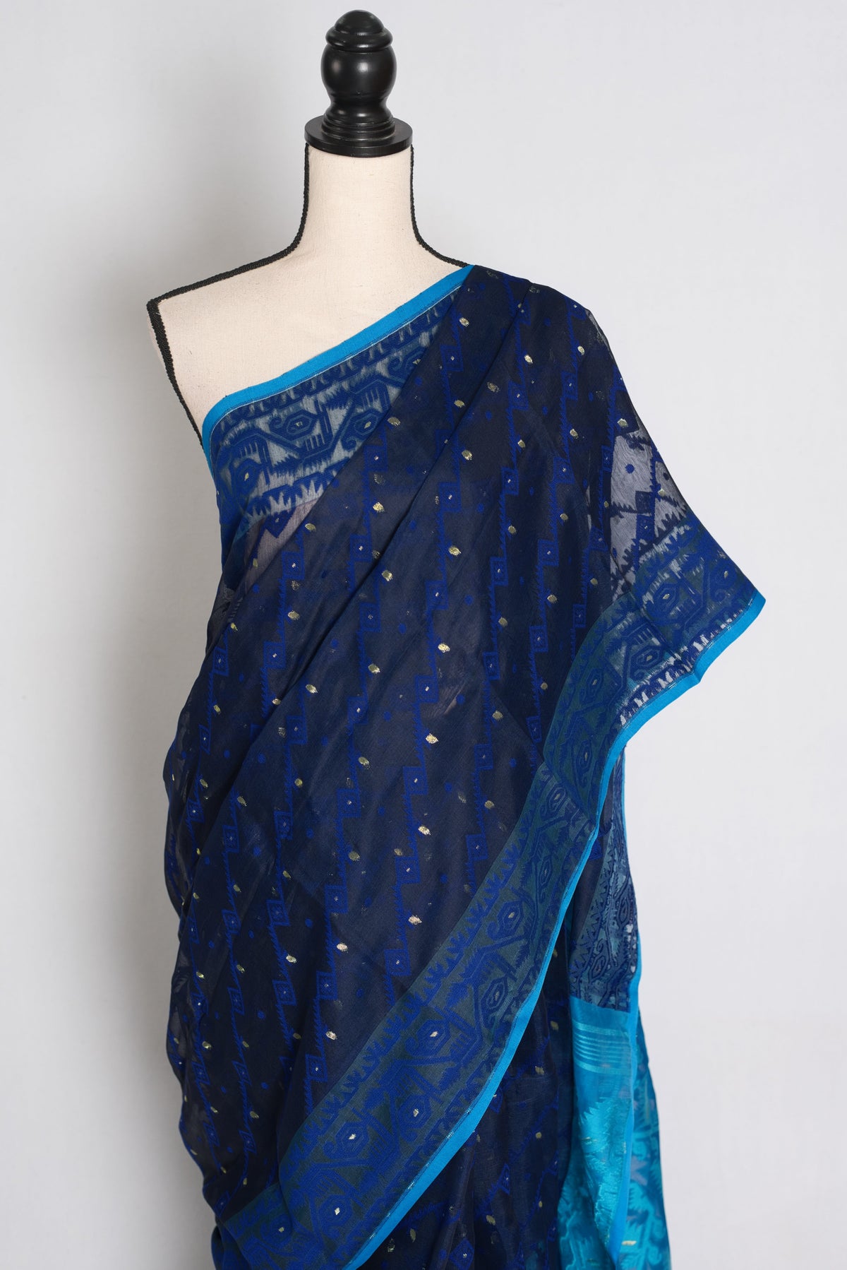 Neela : Midnight Blue & Turquoise Soft Blended Cotton Jamdani Saree