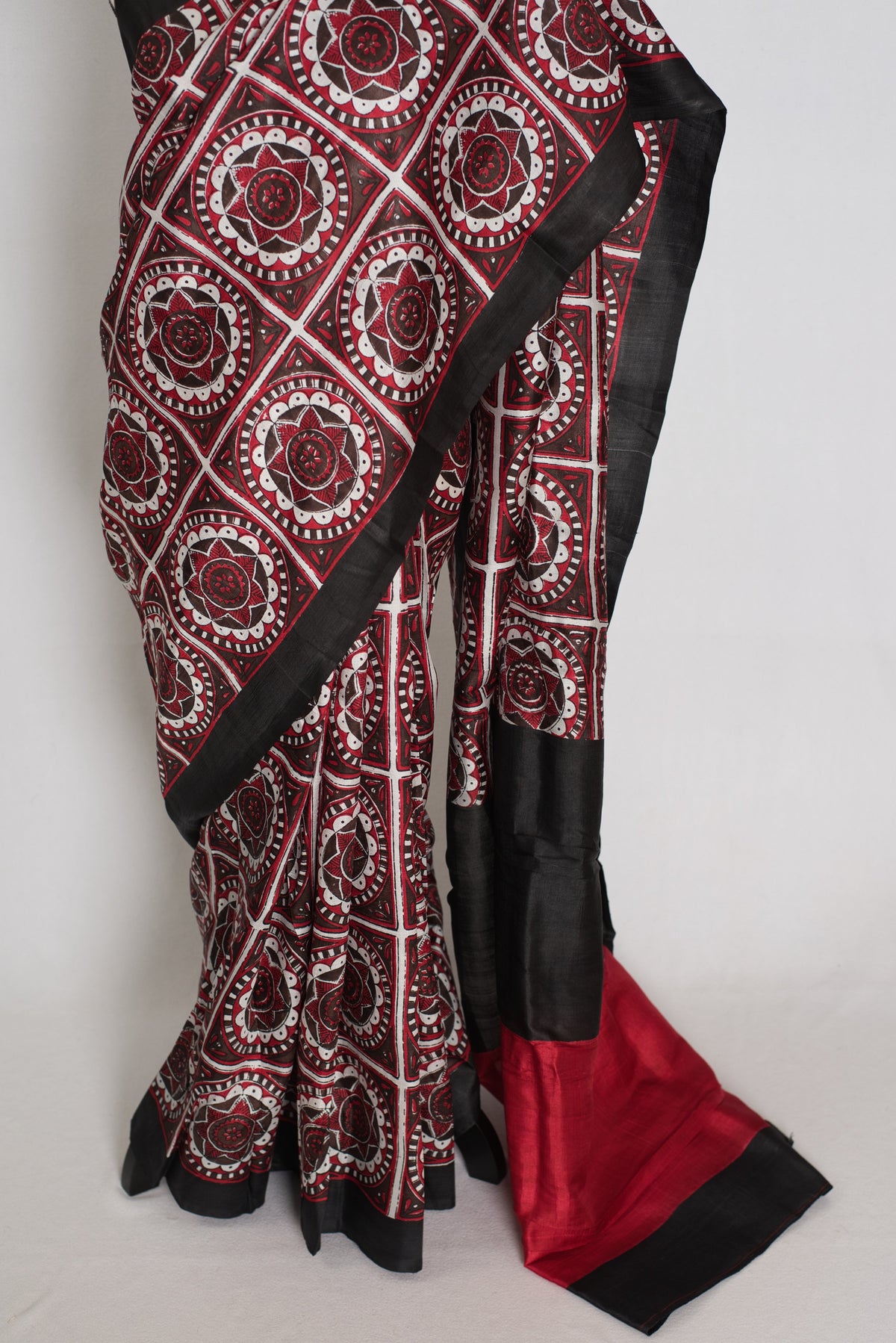 Dhriti : Black and Red Contemporary Hand Block Printed Murshidabad Silk Saree