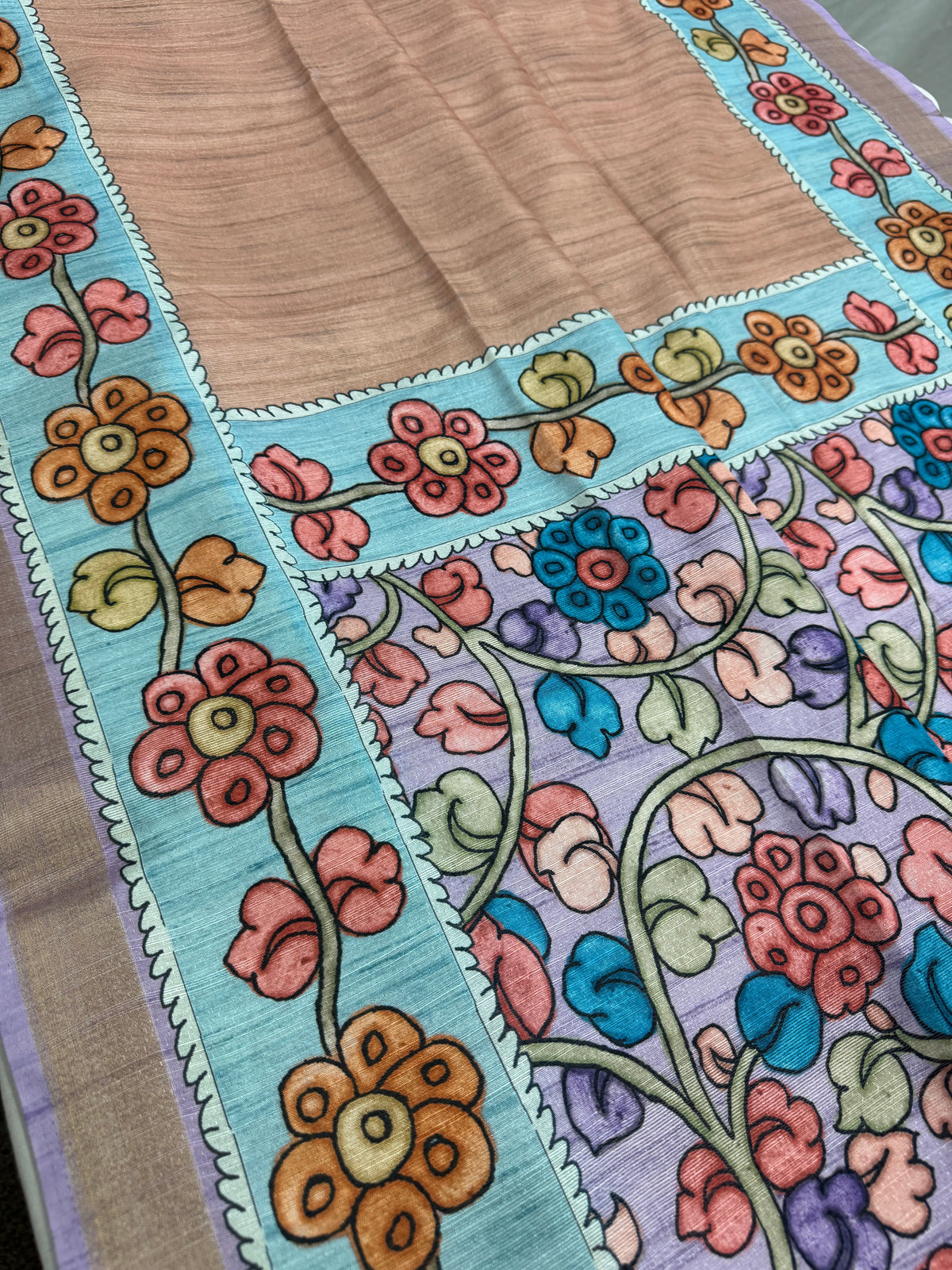 Brinda: Rustic Brown & Cerulean Blue Semi Tussar Saree | Floral Kalamkari Print