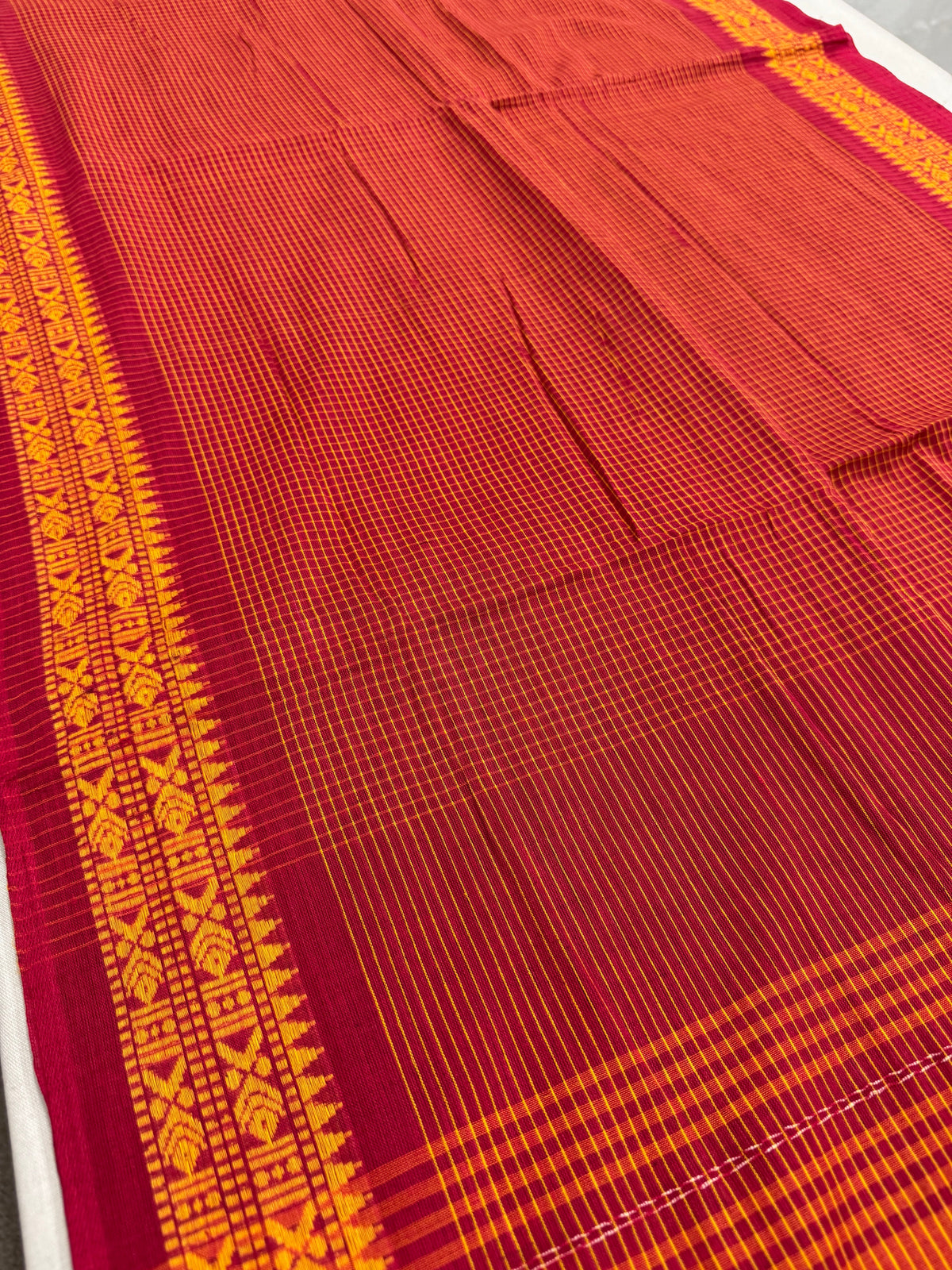 Mahua : Red and Yellow Soft Cotton Dhaniakhali Saree