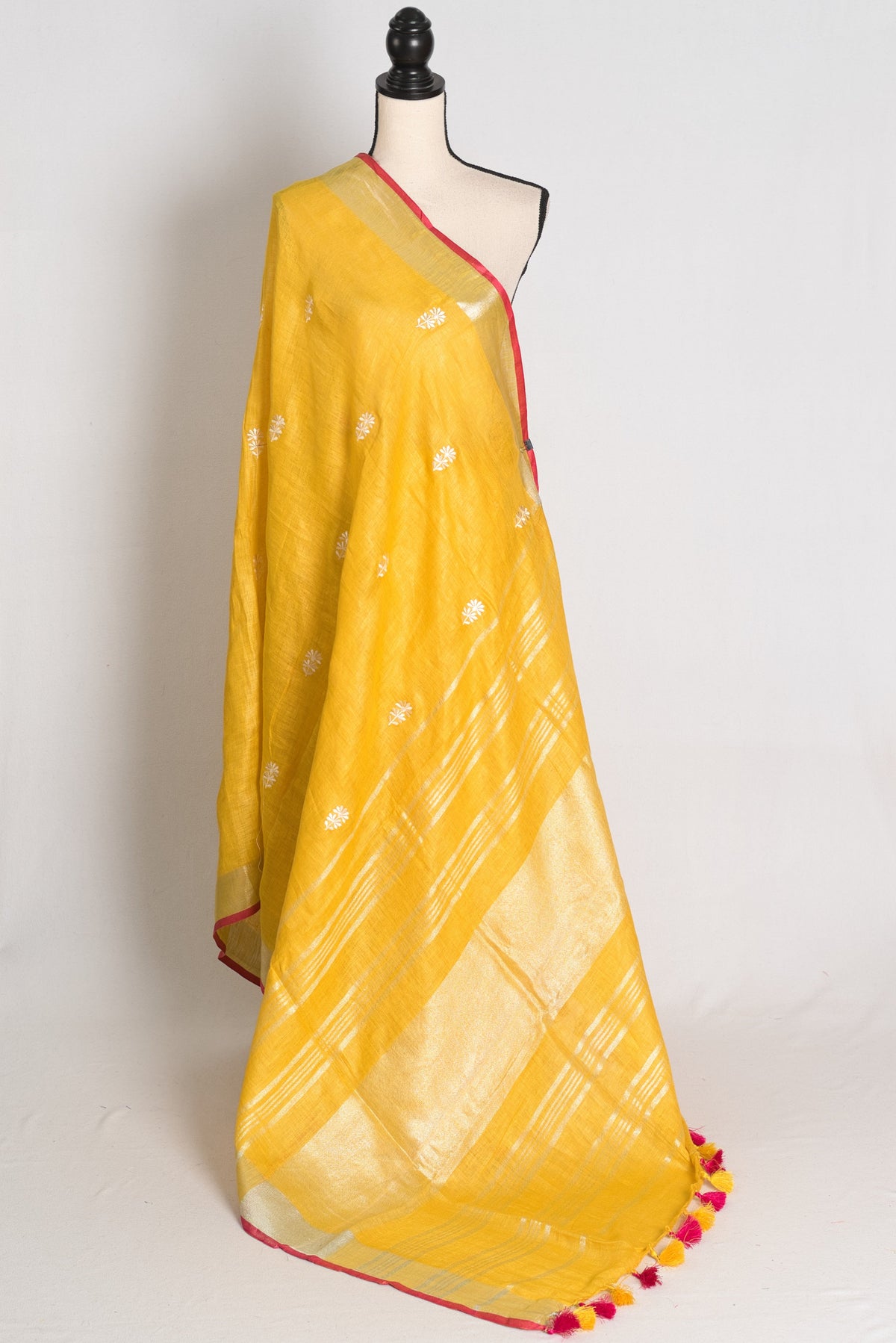 Diya : Yellow Machine Embroidered Pure Linen Saree with Silver Zari Border