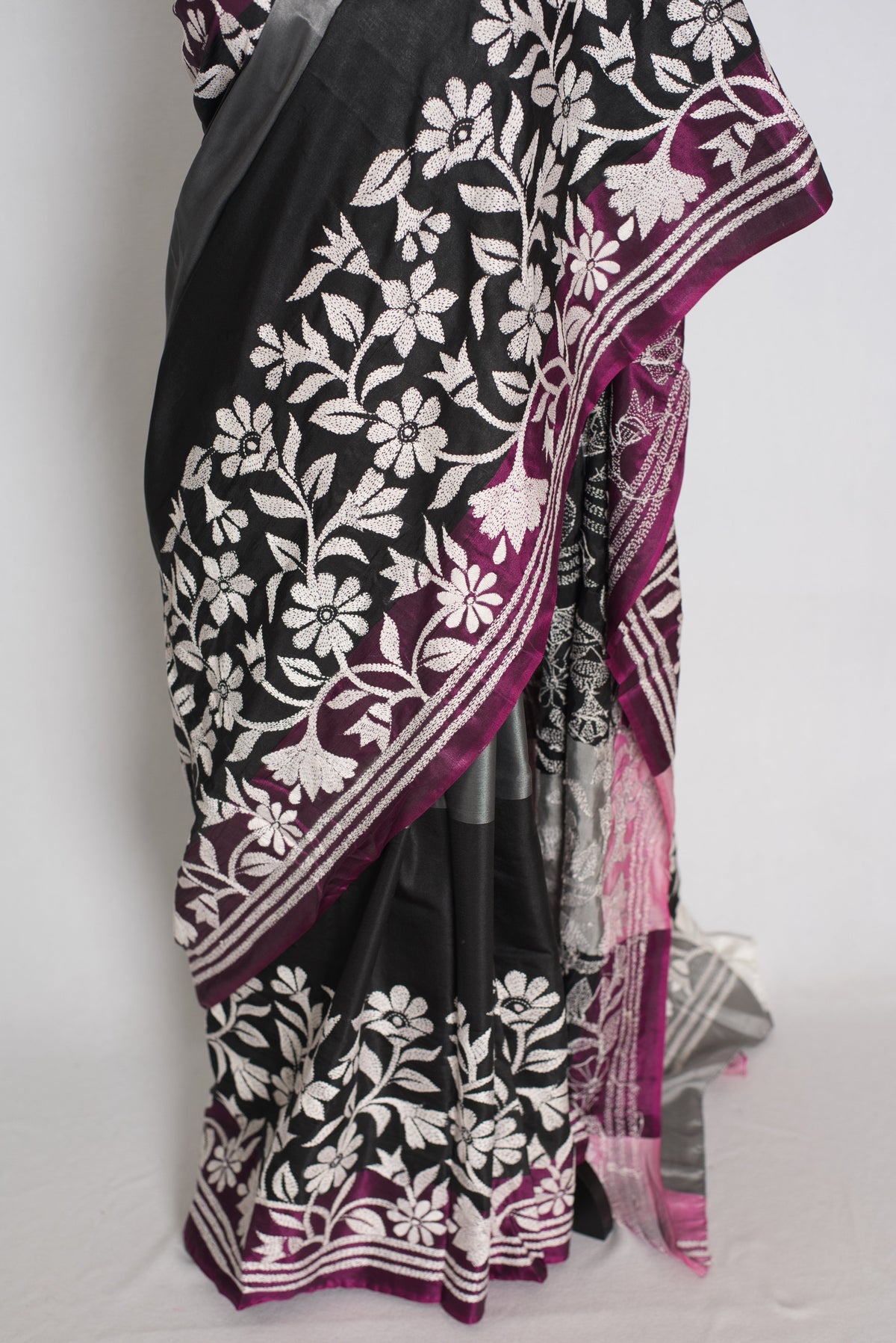 Neha : Black and Gray Hand Embroidered Kantha Stitch Semi Silk Saree
