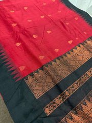 Dhriti: Dark Red Blended Cotton Gadwal Saree with Black Zari Border