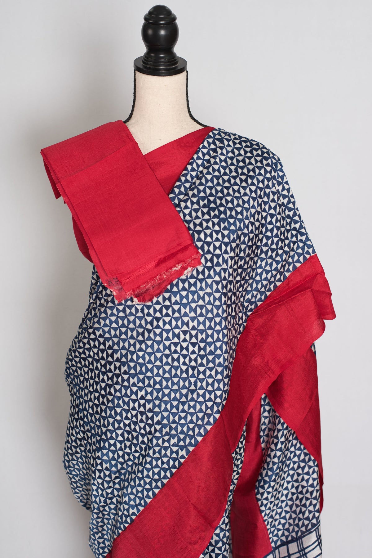 Arundhuti : Blue and Red Contemporary Hand Block Printed Murshidabad Silk Saree