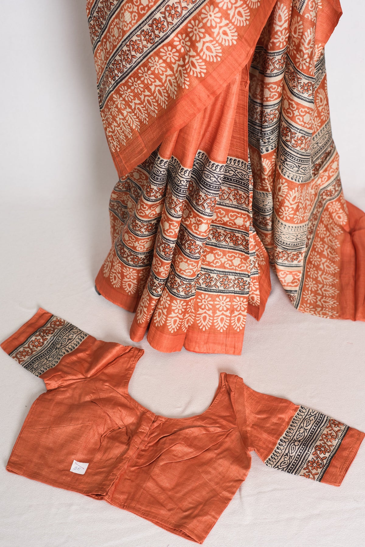 Indu : Orange Block Printed Pure Tussar Silk Saree with 38 Size Blouse