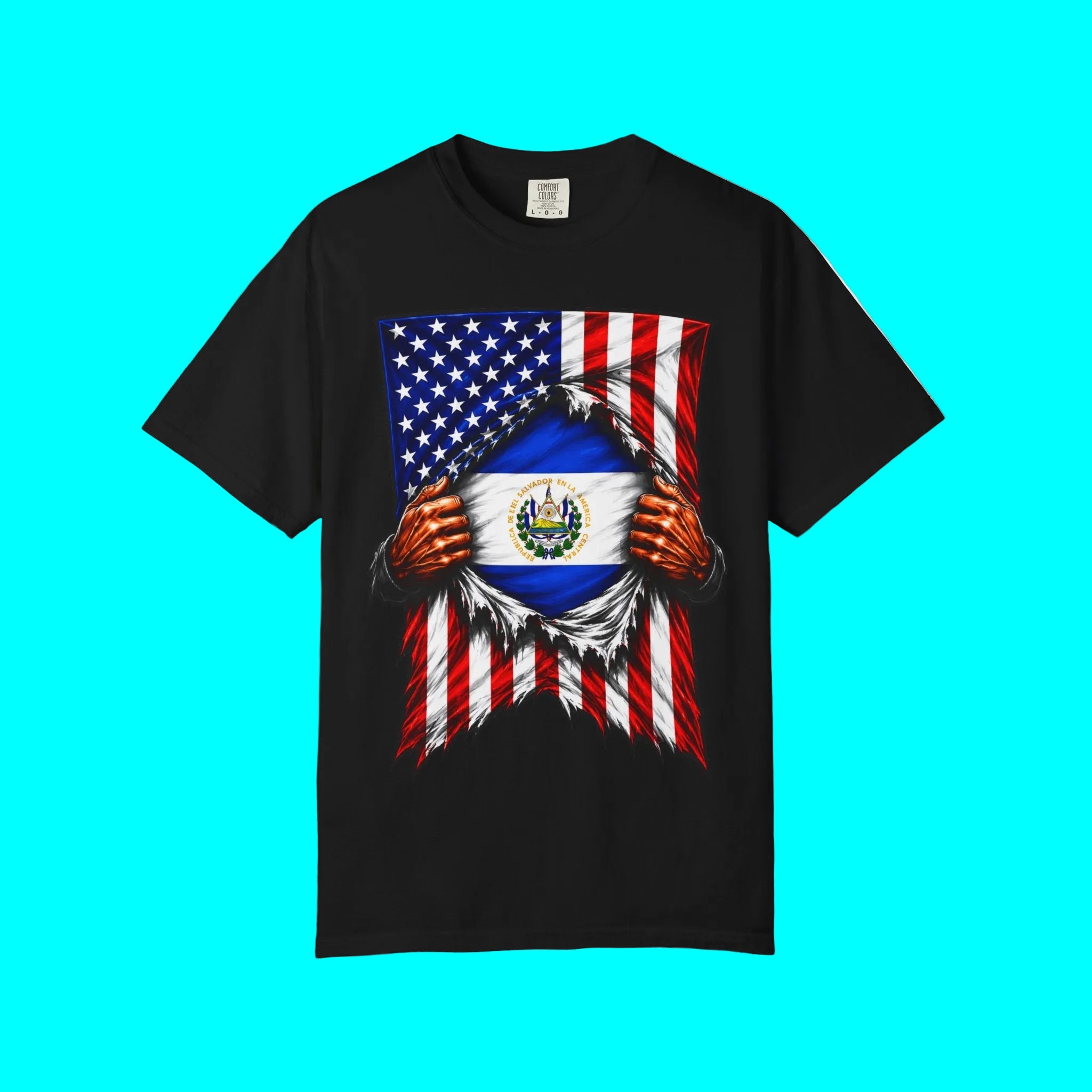 El Salvador Flag + USA Flag Pride T-shirt | Salvadorian + American Flag Rip 4th Of July | Funny Viral Latino Tees | Unisex - 4 Colors