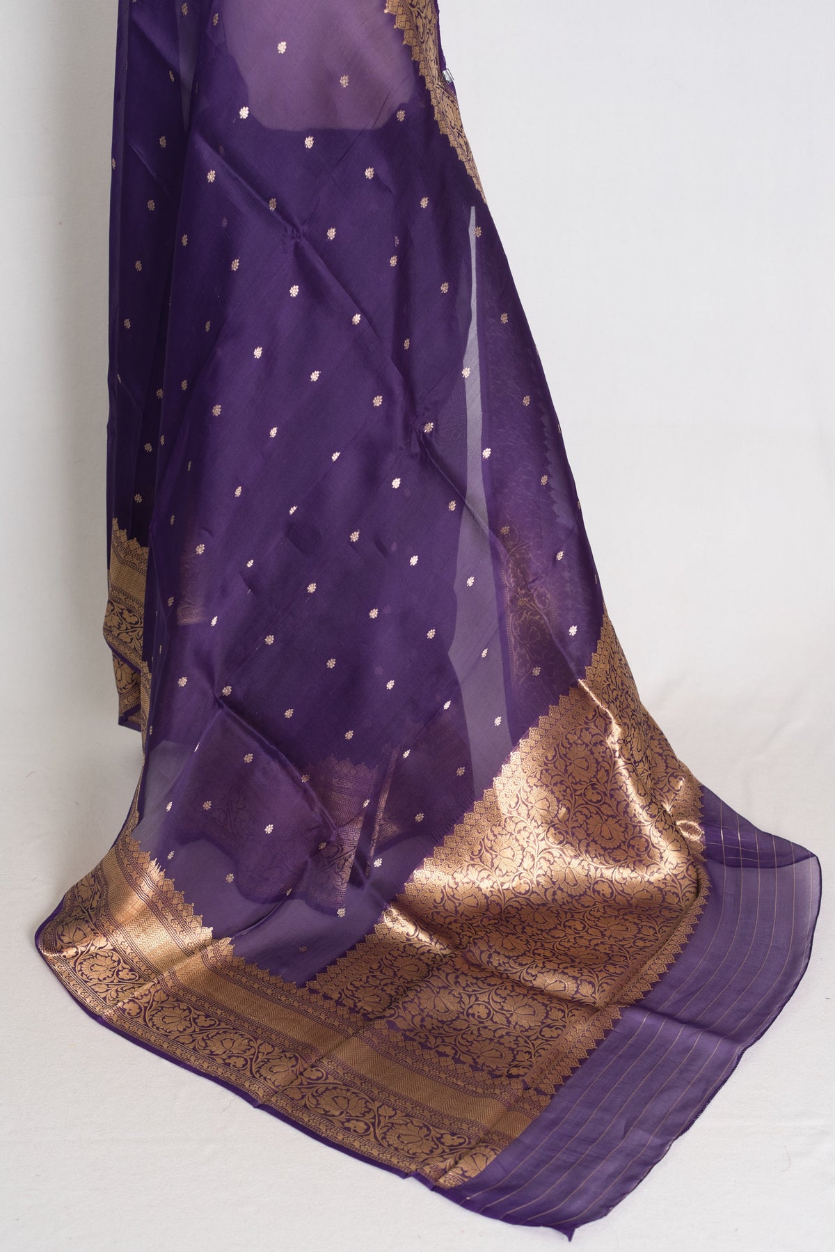 Aparna : Purple and Gold Pure Kora Organza Banarasi Silk Saree with Zari Booti