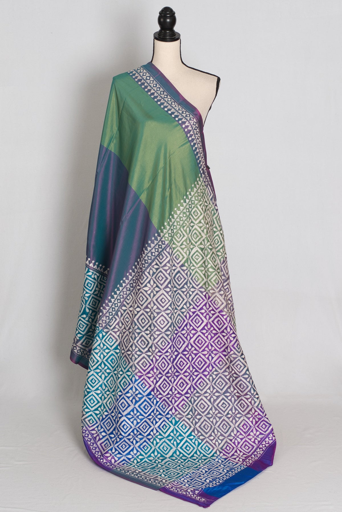 Kavitha : Tri-Color Hand Embroidered Kantha Stitch Bishnupur Blended Silk Saree