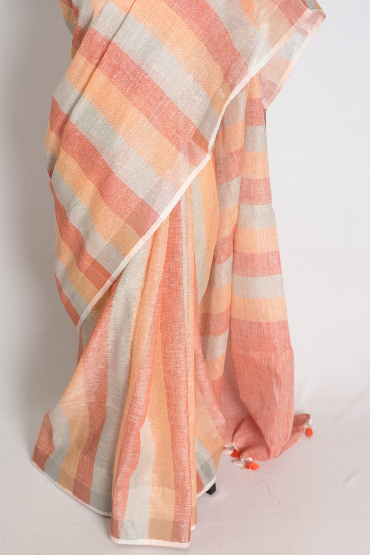 Priya : Pastel Orange and Powder Blue Lateral Striped Pure Linen Saree
