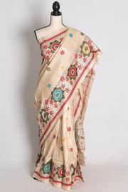 Koli: Beige Hand-Embroidered Kantha Stitch Gachi Tussar Silk Saree