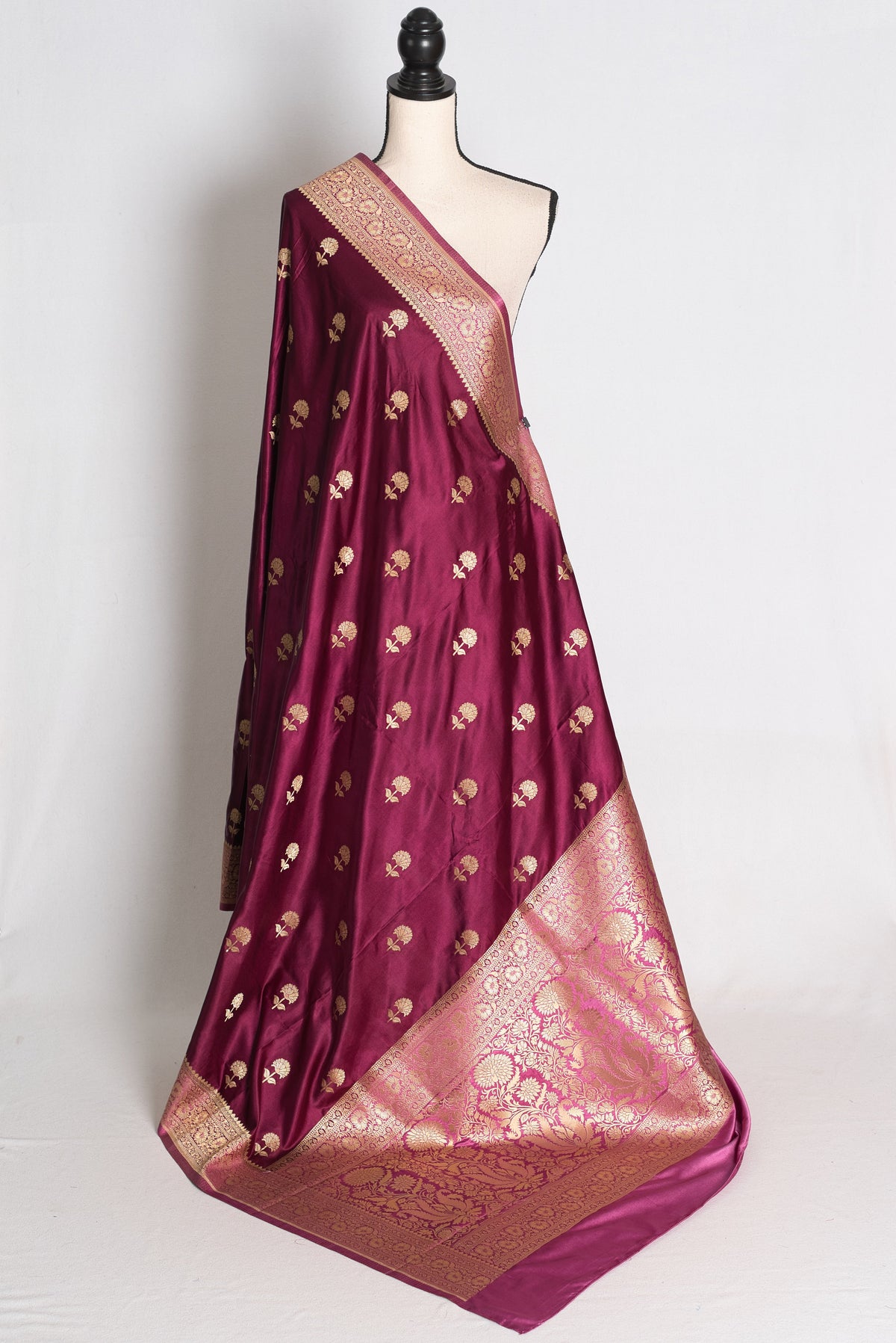 Ritaja : Deep Wine and Pink Semi Mashru Banarasi Silk Saree with 42 Size Blouse