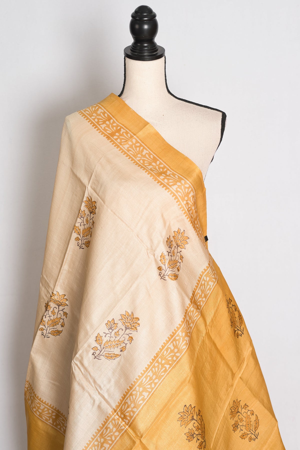 Trisha : Cream and Mustard Yellow Hand Block Printed Pure Tussar Silk Saree