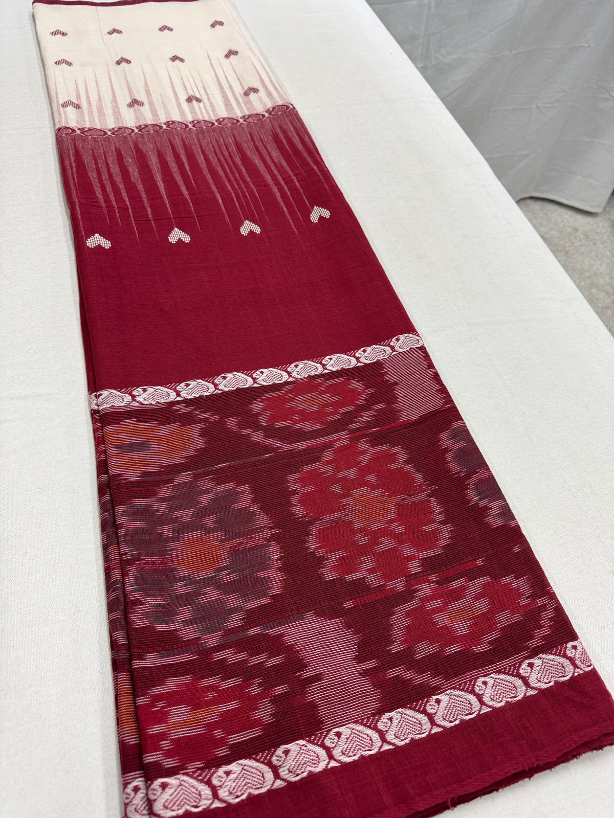 Pritha : Beige and Maroon Dhaniakhali Soft Cotton Saree with Kotki Border