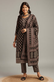 Elegant Black & Beige Printed Kurta Set with Dupatta
