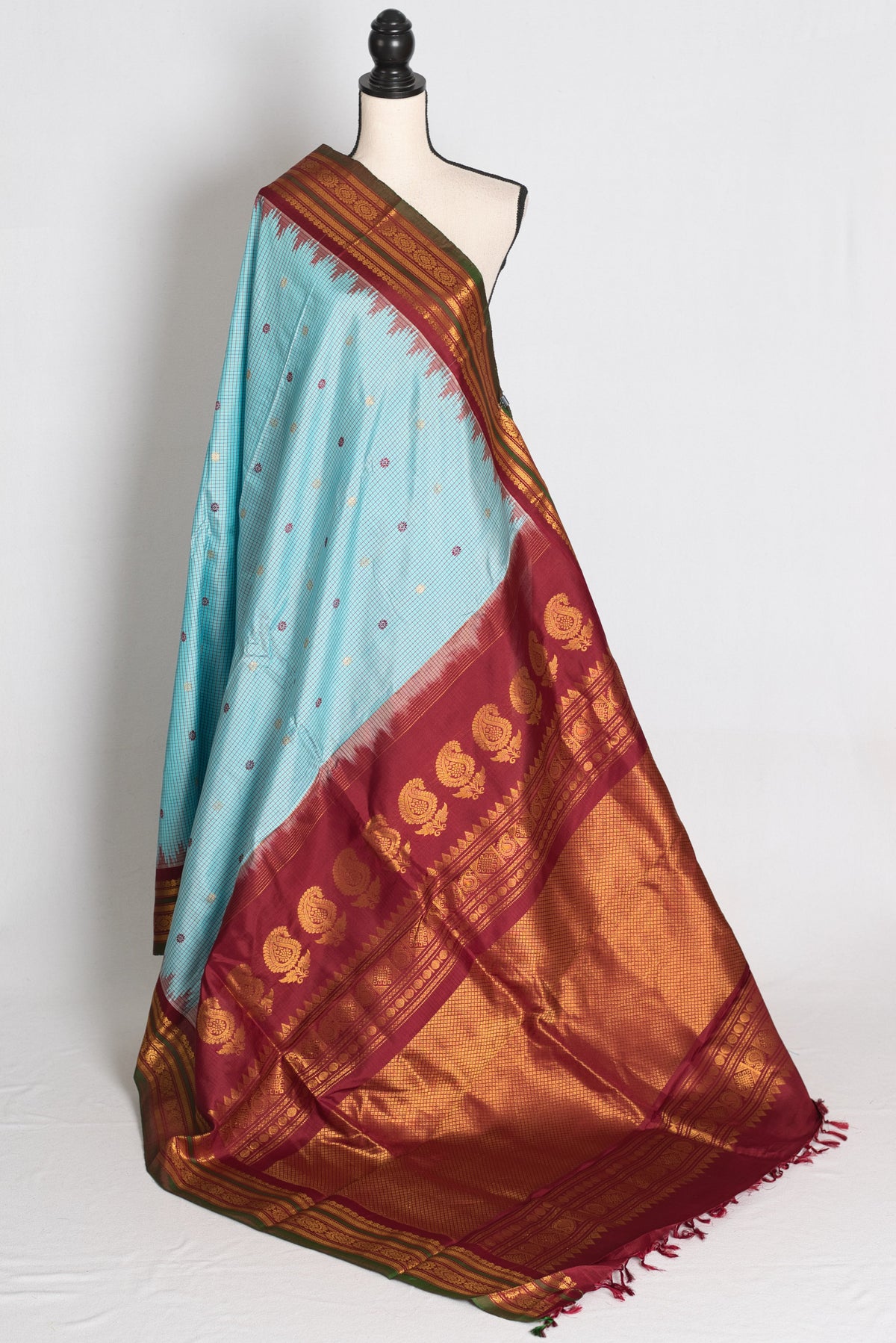 Naheed : Sky Blue and Maroon Micro Checks Handloom Gadwal Silk Saree