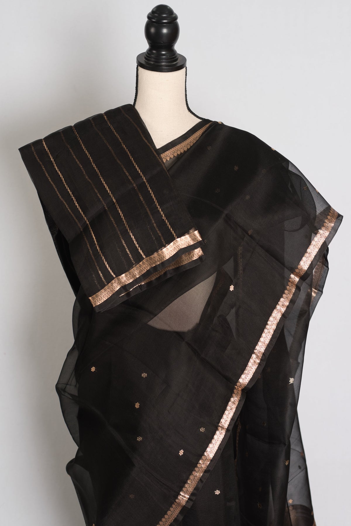 Koyel : Black and Antique Gold Pure Kora Organza Banarasi Silk Saree