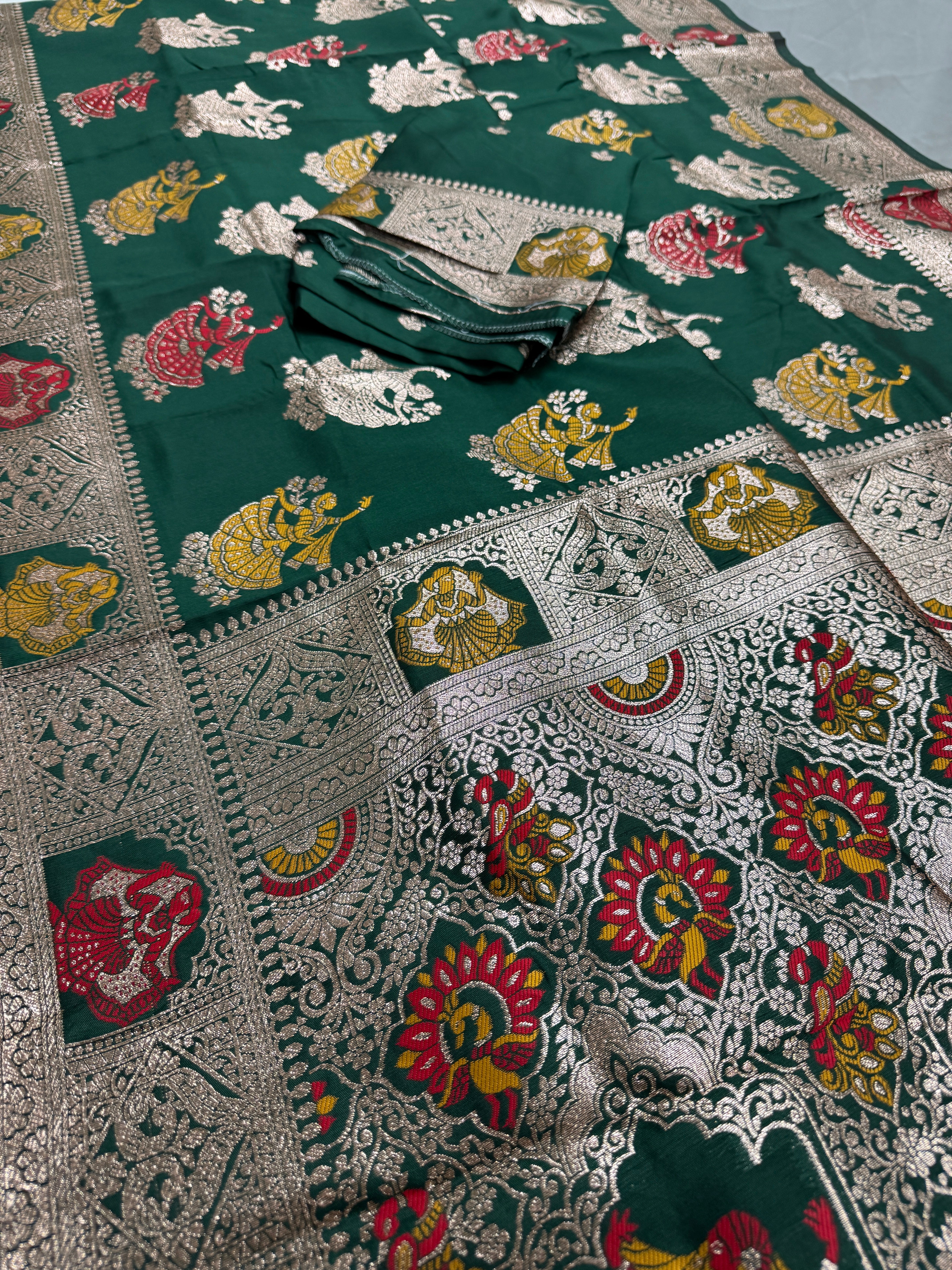 Rupa : Bottle Green Budget Friendly Baluchari Saree in Blended Silk
