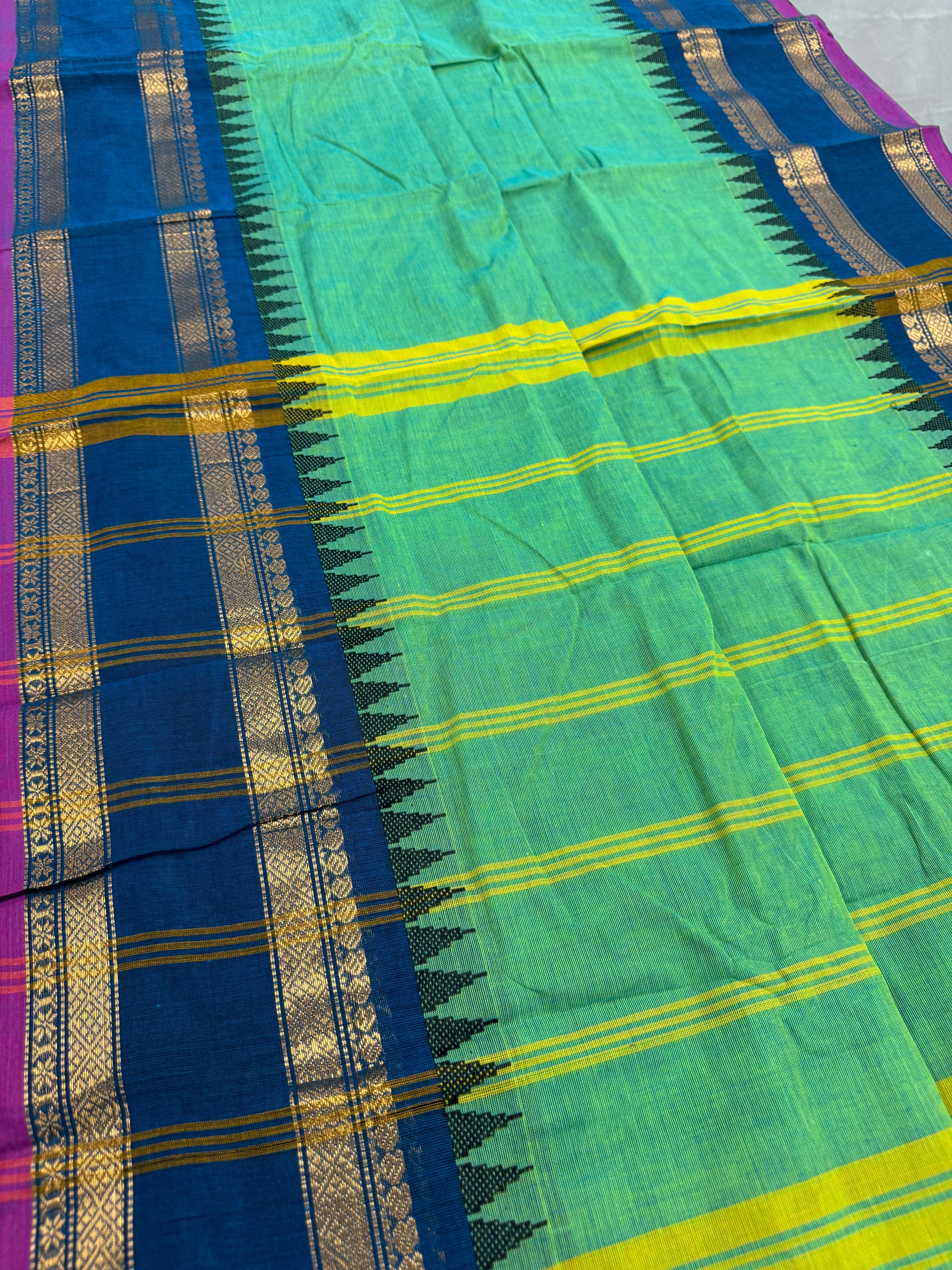 Priya : Green and Blue Kanchi Cotton Saree - Handwoven South Indian Elegance