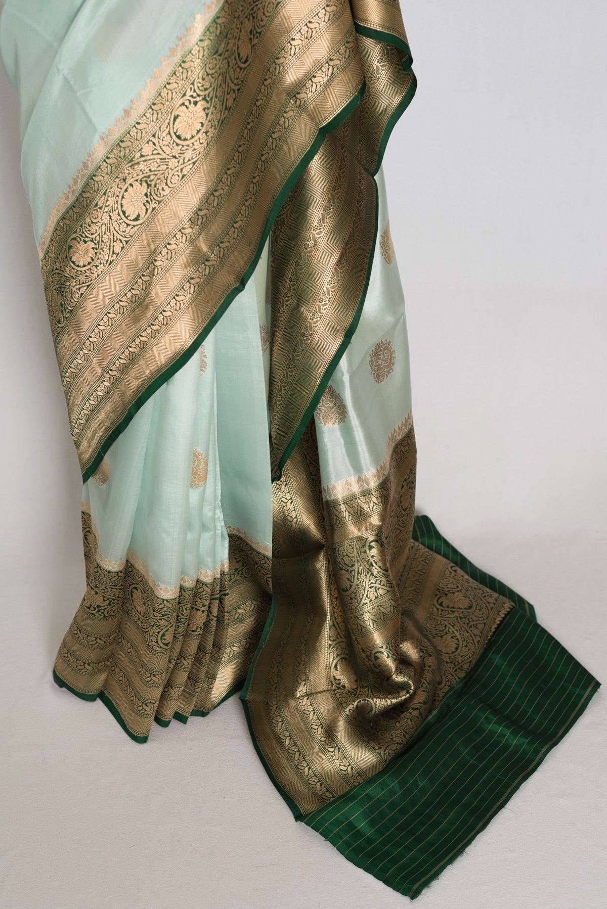 Anisha : Mint Green and Bottle Green Satin Pure Silk Banarasi Saree | Silk Mark
