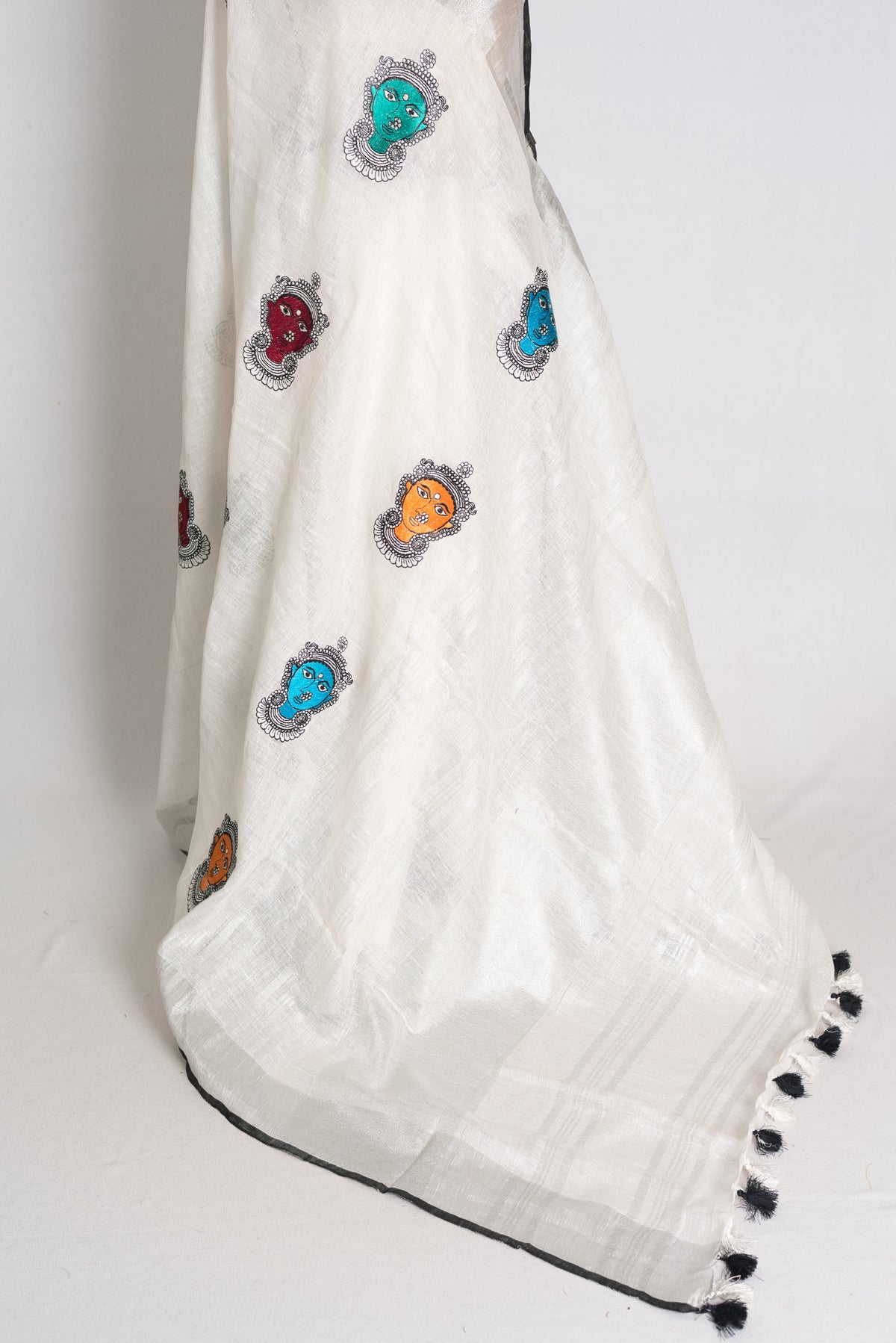 Durga : White Pure Linen Saree with Colorful Durga Face Machine Embroidery