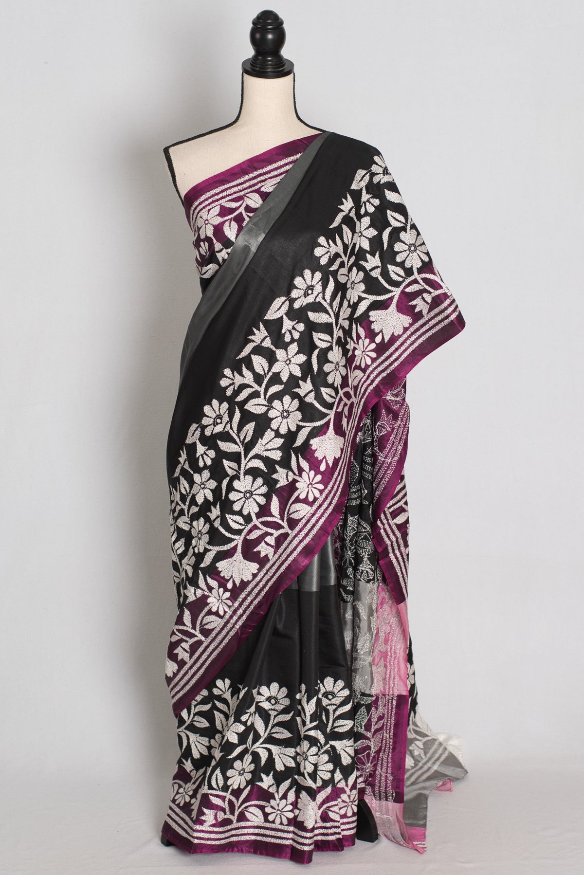 Neha : Black and Gray Hand Embroidered Kantha Stitch Semi Silk Saree