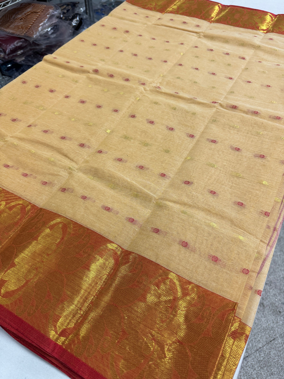 Gita : Beige and Red Bengal Handloom Pure Cotton Tant Saree with Hazar Buti