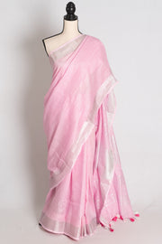 Girija : Baby Pink Pure Linen Saree with Silver Zari Border
