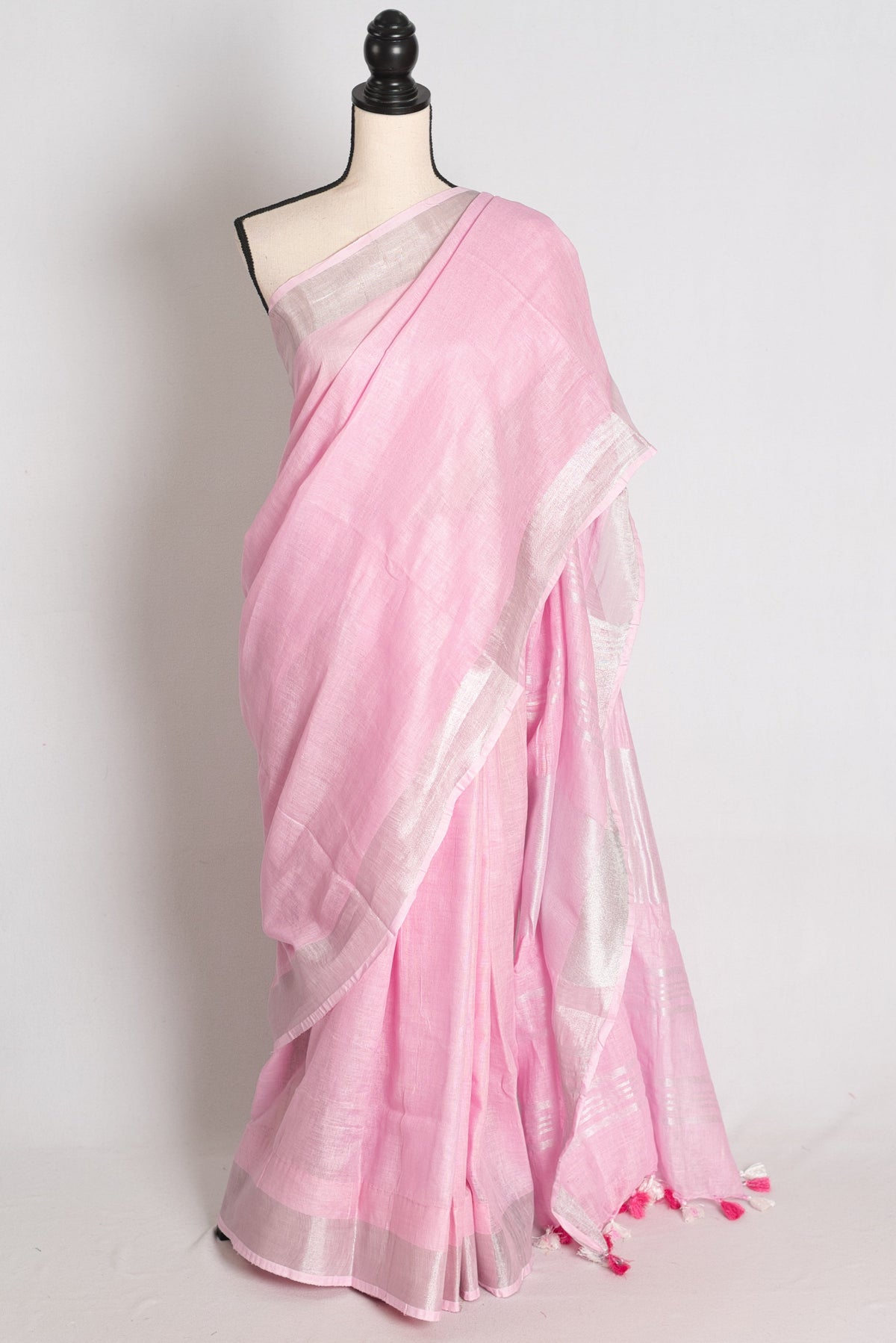 Girija : Baby Pink Pure Linen Saree with Silver Zari Border
