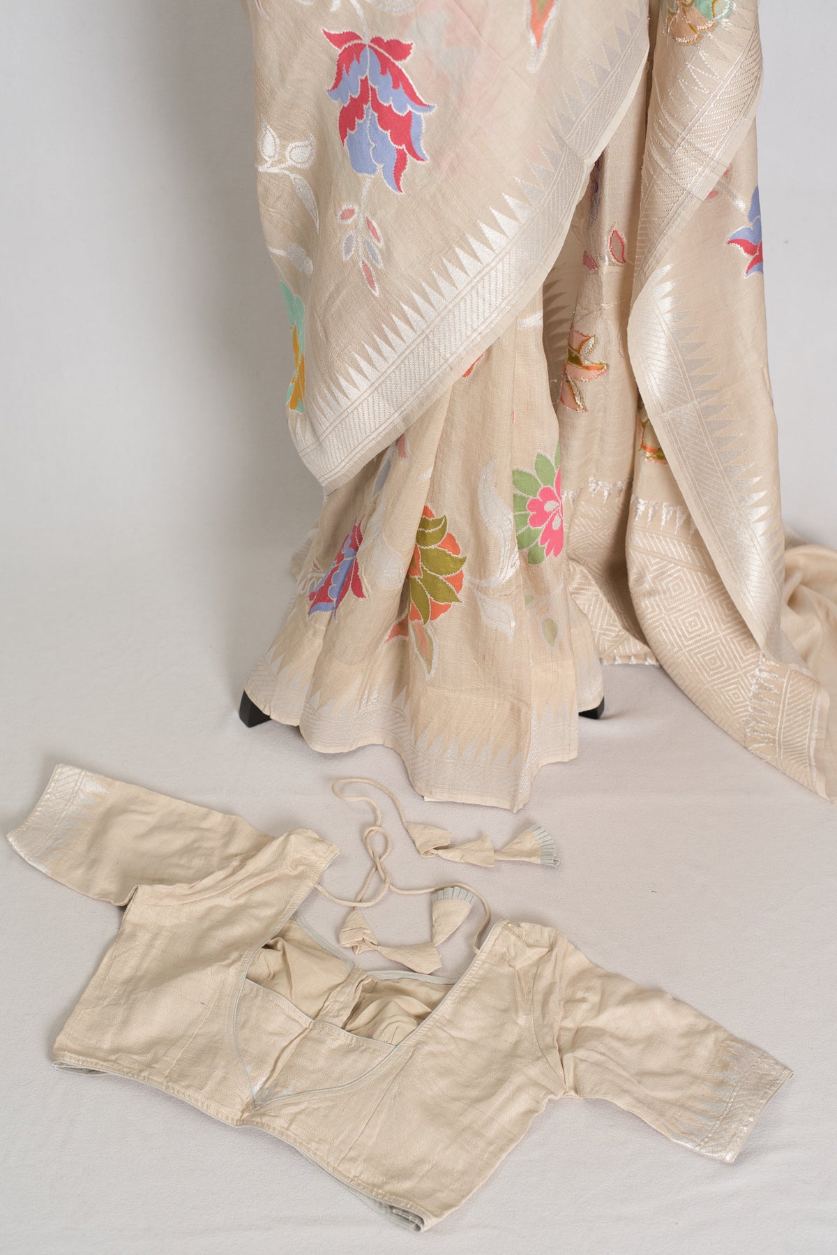 Naaz : Beige Tussar Georgette Banarasi Saree with 38 Size Stitched Blouse