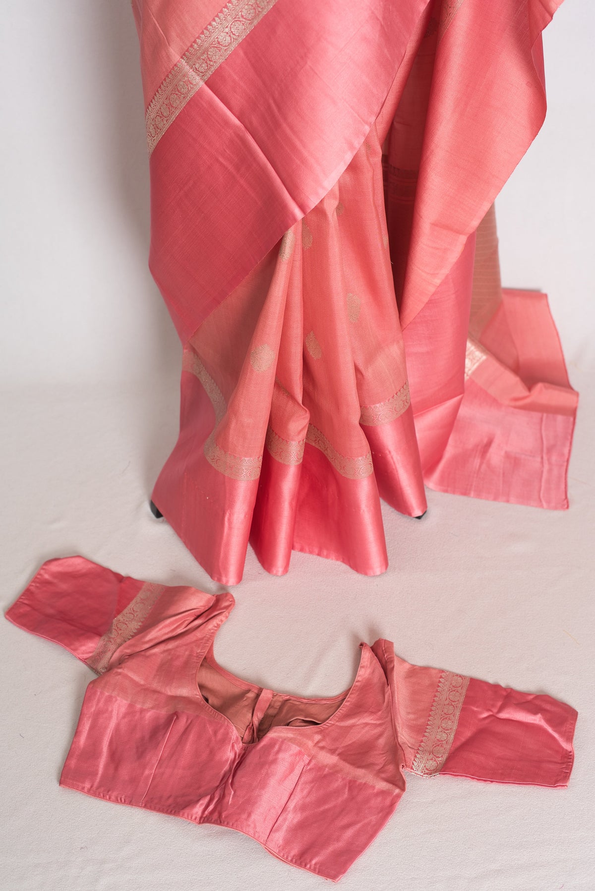 Anisha : Pastel Pink Tussar Silk Banarasi Saree with 36 Size Blouse
